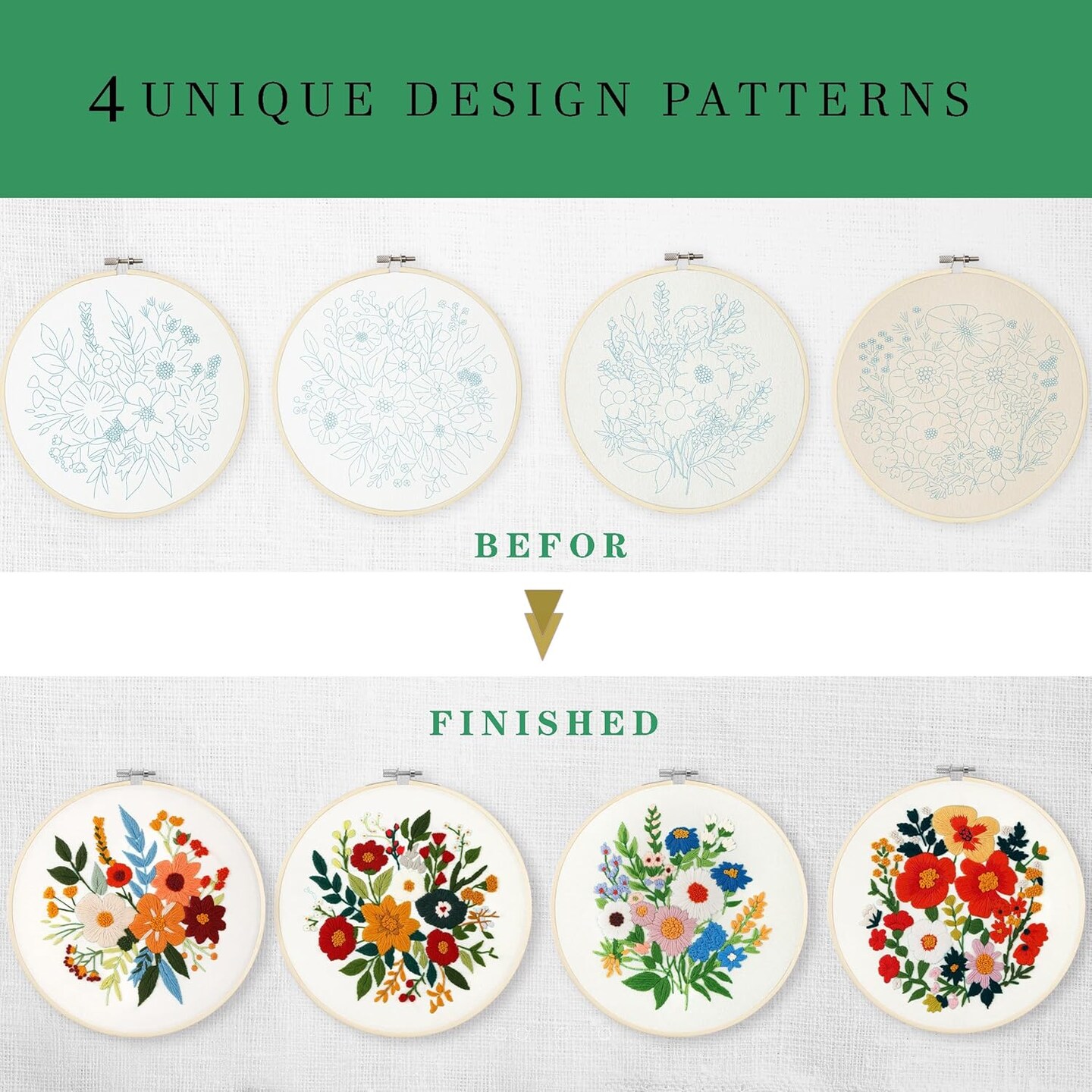 4 Sets Embroidery Kit for Beginners – Easy Stamped Floral Pattern Needlepoint Kit with Bamboo Hoops, Needles & Fabric, DIY Hand Embroidery Craft for Home Decor (Flower-4)