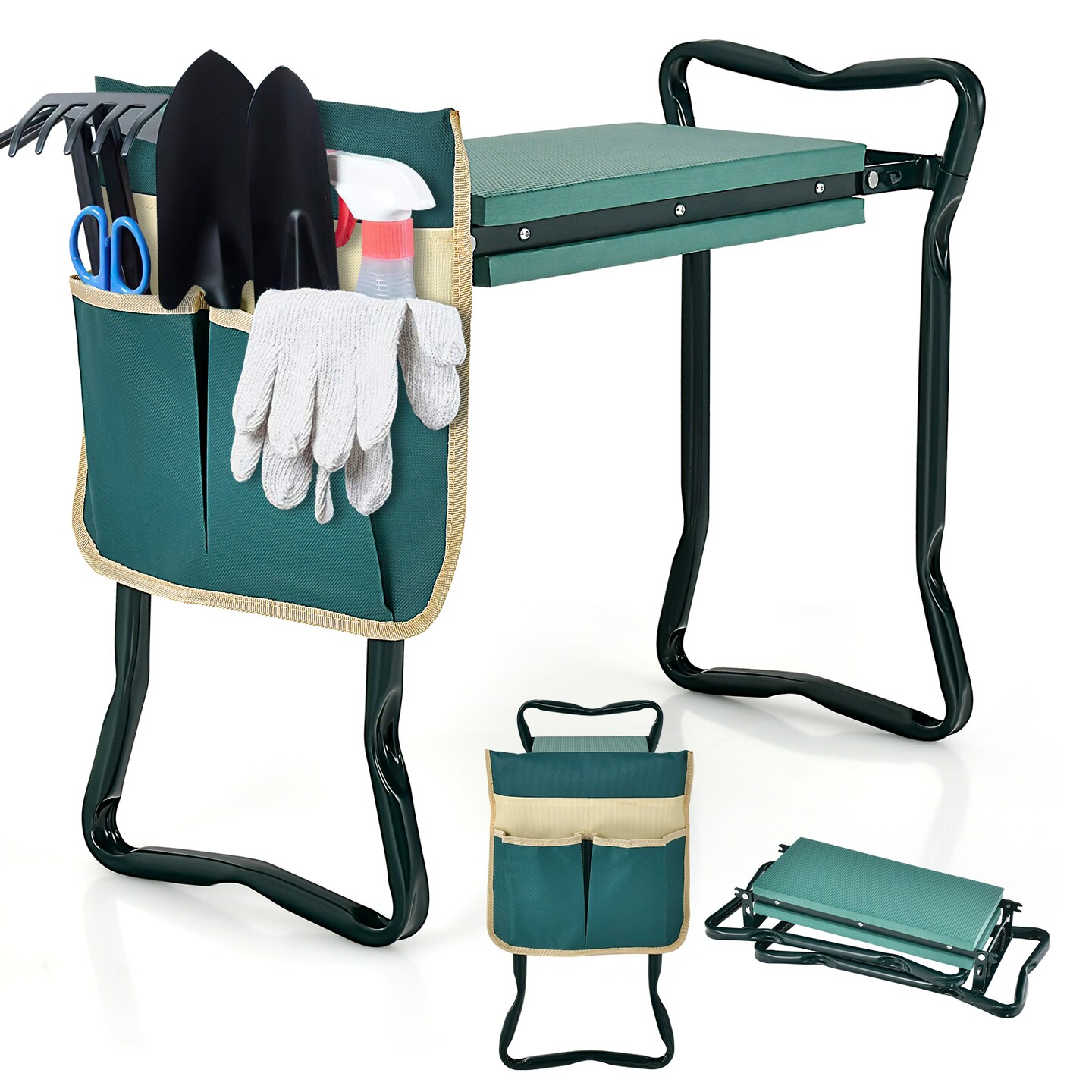 Green Folding Sturdy Garden Kneeler Pad and Cushion Seat with Durable Steel Frame