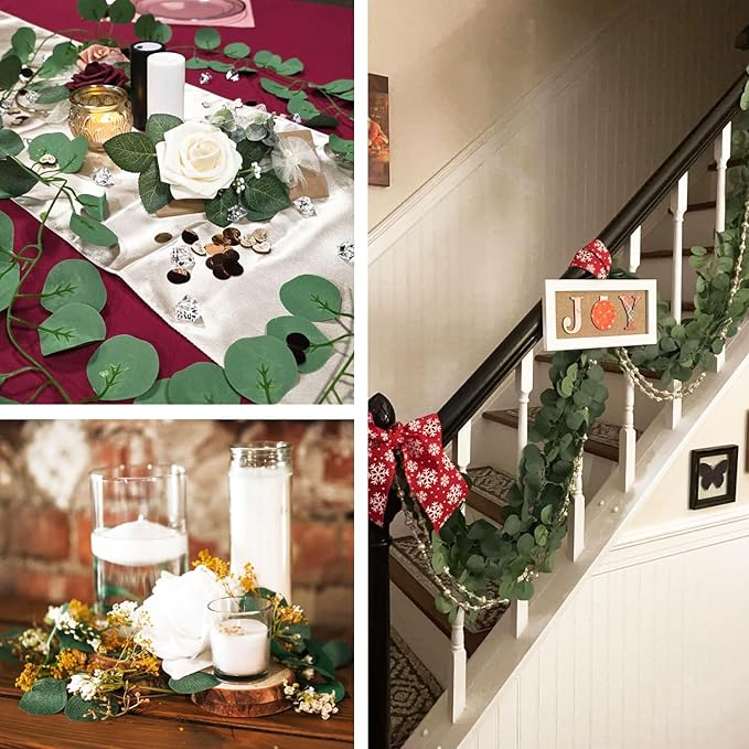 Garland,Artificial Eucalyptus Leaves Table Greenery Garland Wreath Vines for Wedding Party Table Fireplace Bedroom Wall Room Decor (6)