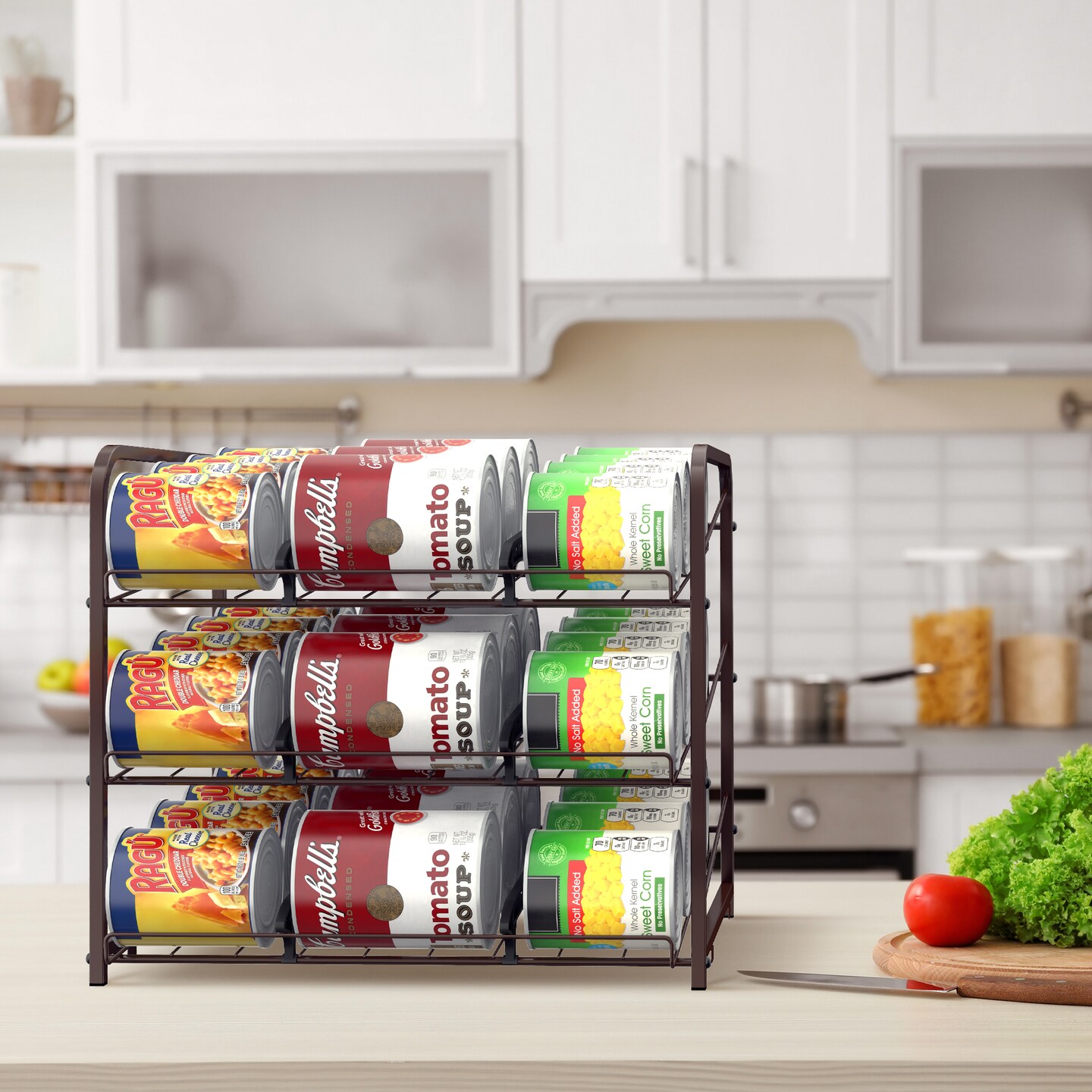 2-Pack Stackable Can Organizer Rack Dispenser &#x2013; Adjustable Metal Pantry Shelf for 36 Cans, Tilted Design with Non-Slip Base (16.73x12.2x14.76&#x22;)