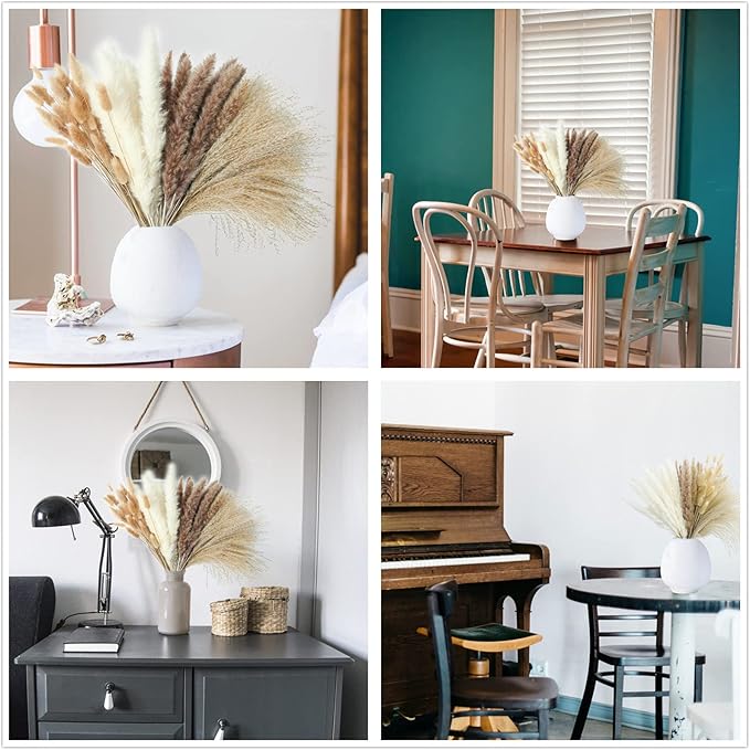 Dried Pampas Grass Decor, 100 Stems Pampas Grass Contains Bunny Tails Dried Flowers, Reed Grass Bouquet for Wedding Boho Flowers Home Table Decor, Rustic Farmhouse Party (17&#x22;, White and Brown)