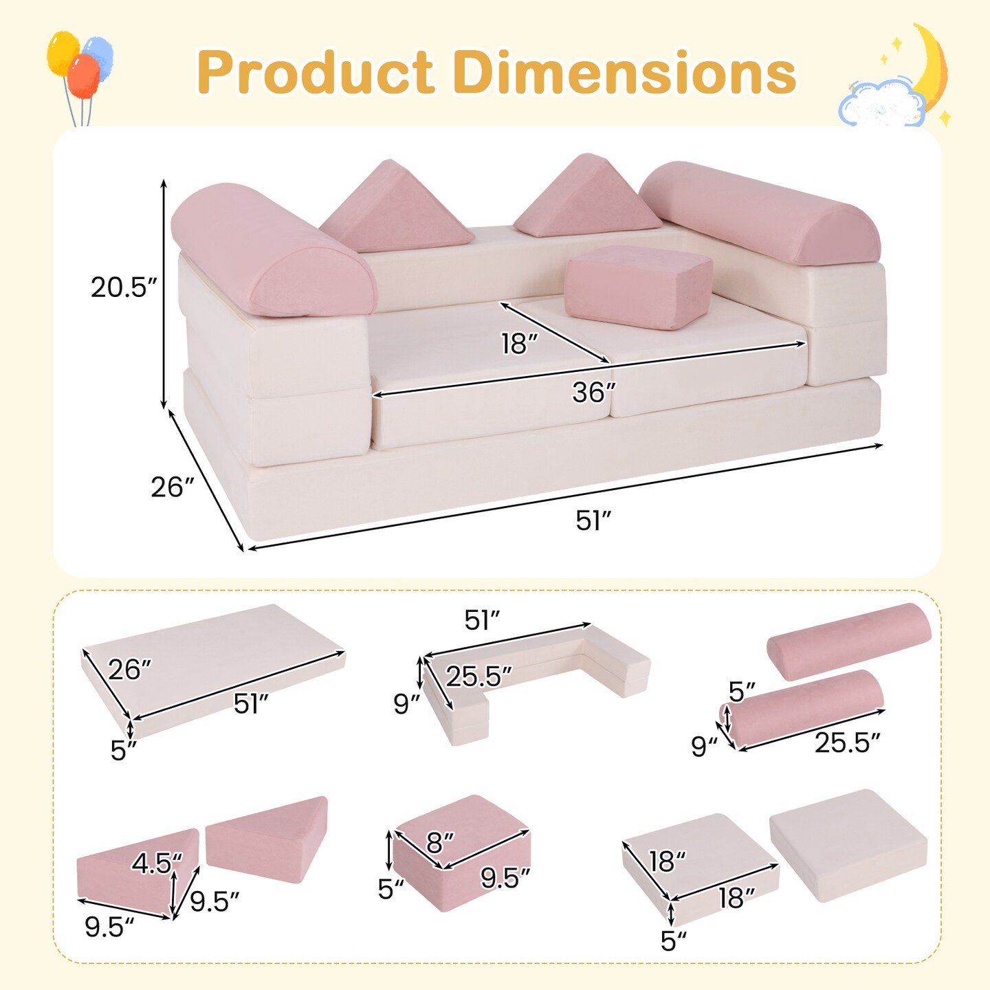 Suede Fabric Convertible Kids Play Couch Set with Foam Blocks and Cushions