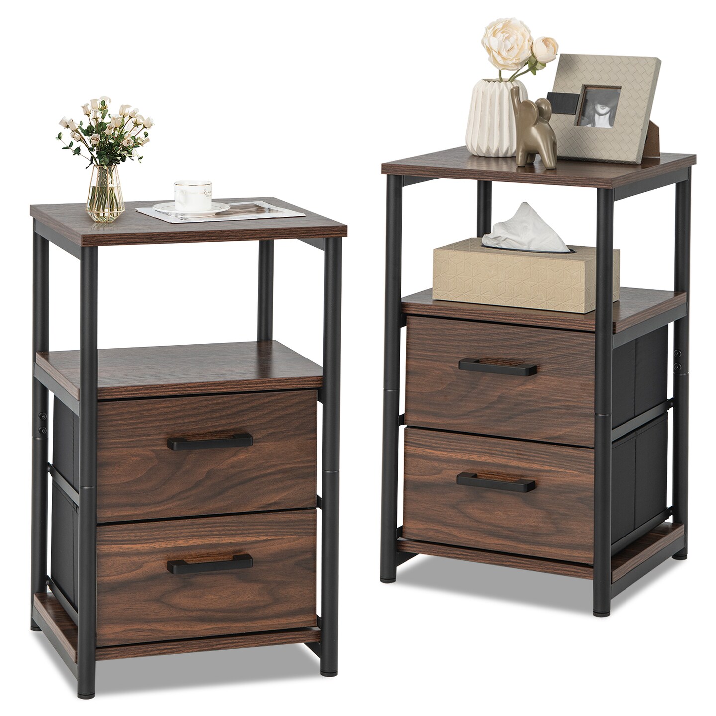 Bedside Table Set of 2 with Removable Fabric Drawers and Metal Frame-Walnut