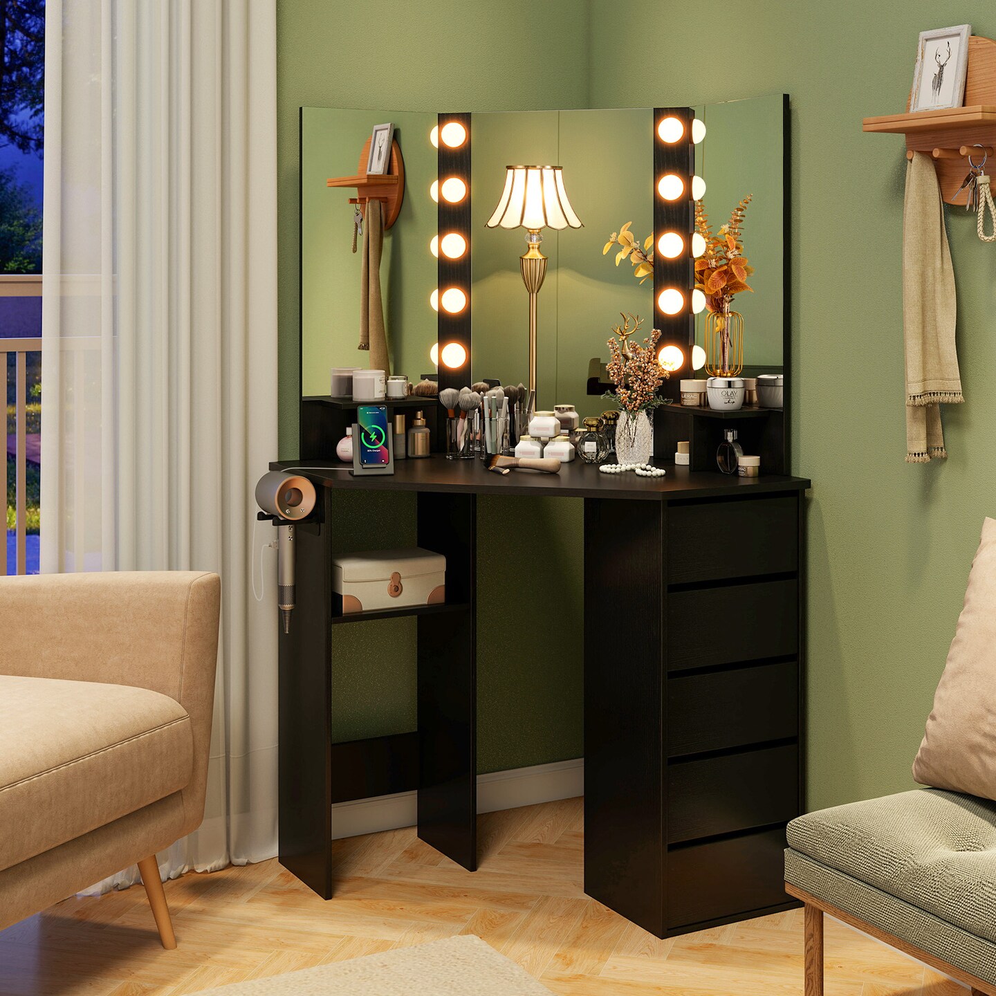 Corner Vanity Desk with 3-Panel Mirror, LED Lights, Charging Ports and Storage