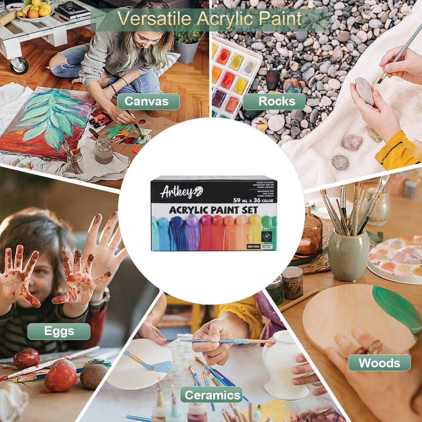 Acrylic Paint Set - 36 Colors 2 oz/59 ml Acrylic Paints Professional Artists Painting Kit for Canvases Fabric Rock Leather Easter Egg Wood Ceramic Glass Art Craft Painting
