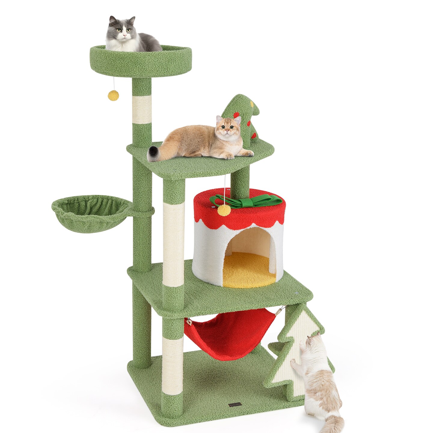 Green and Red Christmas Cat Tree with Condo, Scratcher and Hammock