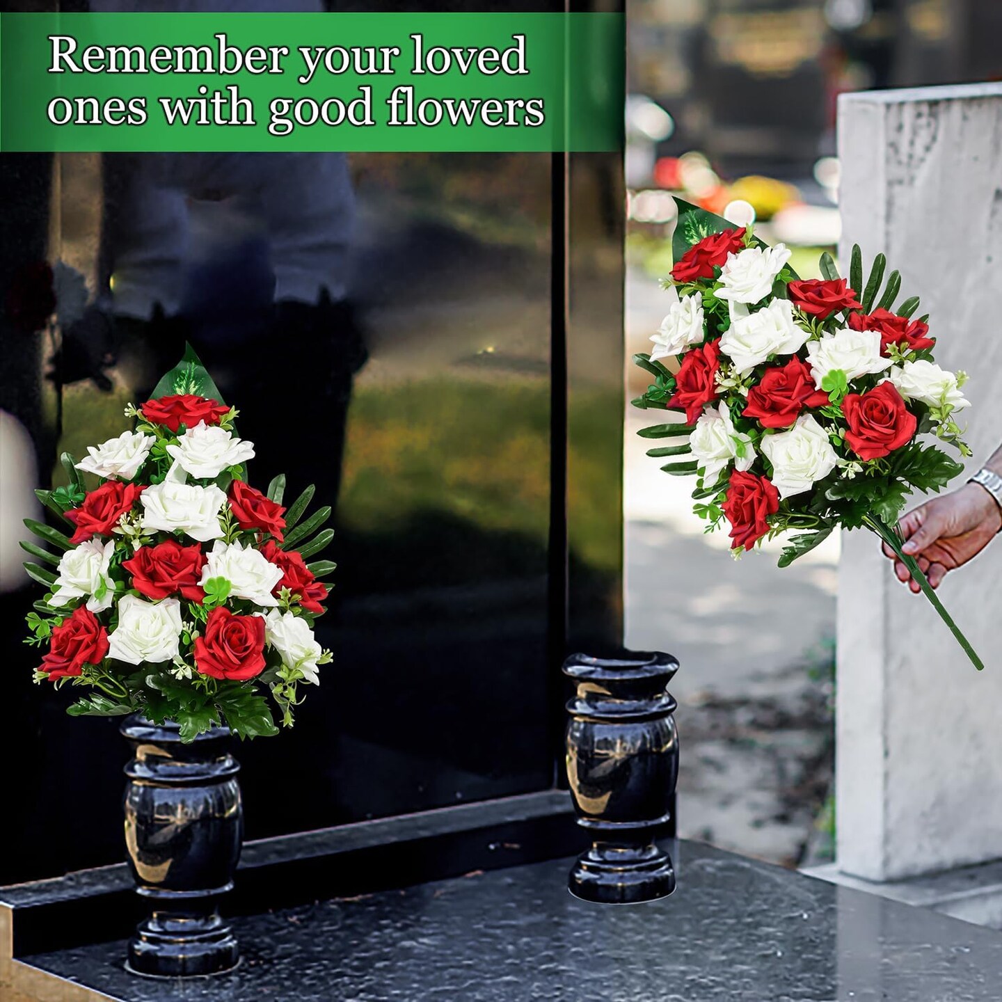 Set of 2 Artificial Cemetery Flowers – Memorial Rose Bouquets with Vases for Grave, Cemetery & Headstone Decoration (Red & White)