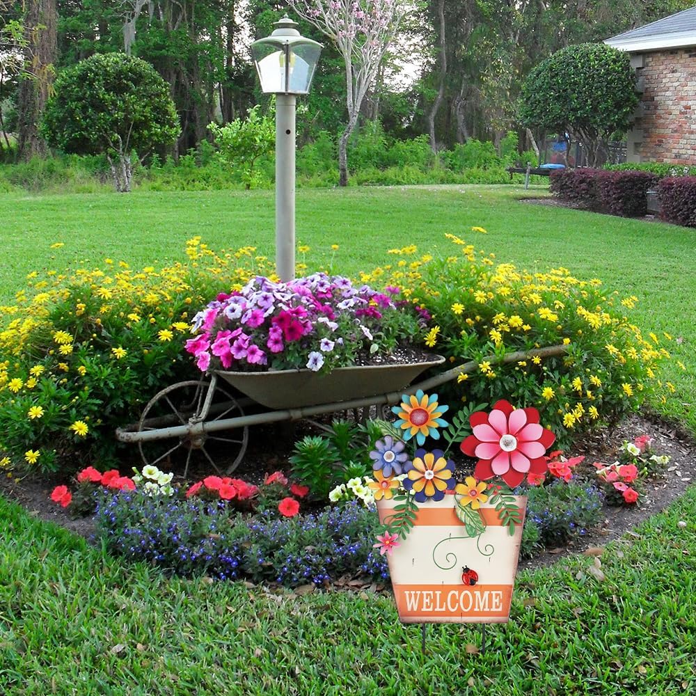 Spring Garden Decoration for Outside, Metal Flower Pot Decorative Garden Stakes with Flowers for Spring Decor, Yard Art Welcome Sign for Outdoor Garden Lawn Backyard Porch Patio Decorations