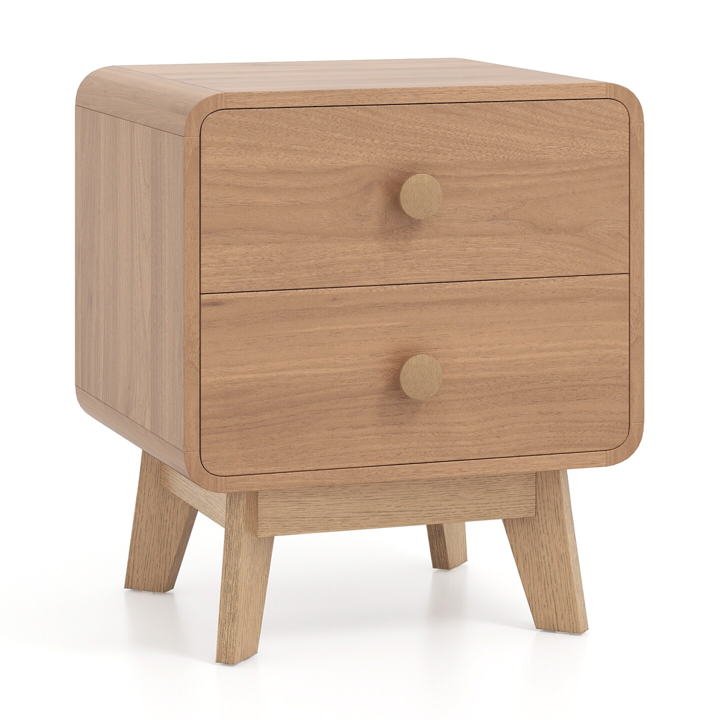 MDF and Rubber Wood Nightstand with 2 Drawers and Mid-Century Modern Design