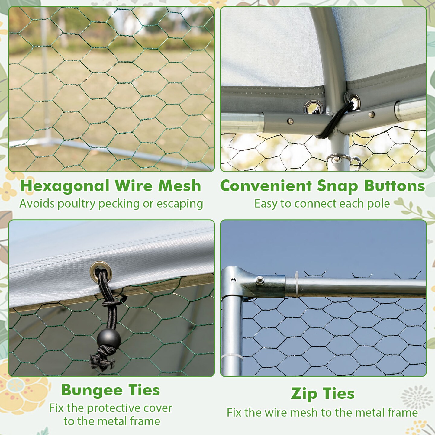 Silver Large Metal Hexagonal Chicken Coop with 210D Oxford Fabric and Lockable Door