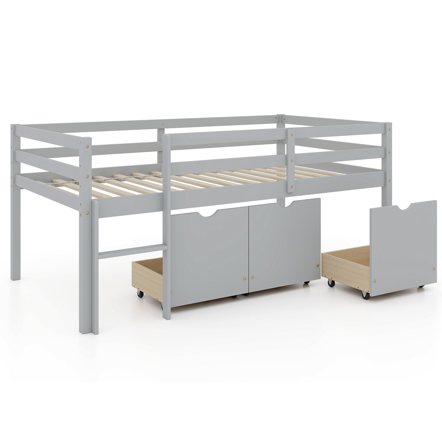 Twin Size Low Loft Bed with 3 Storage Drawers Ladder and Guardrails