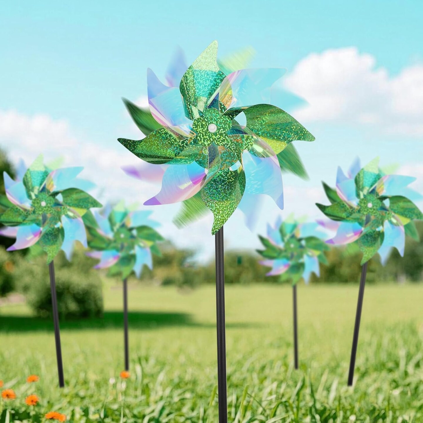 12 Pcs Spring Reflective Pinwheels Outdoor, Wind Spinners for Yard &#x26; Garden, Sparkly Bird Repellent Windmill Scare Birds Away, Deterrent Devices for Outside Patio Lawn Spring Decor (Green)