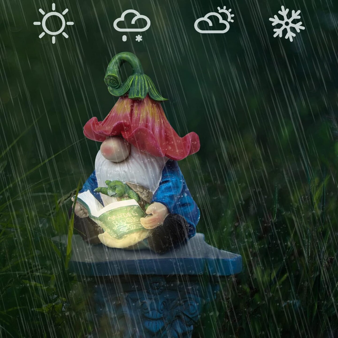 Garden Gnome Statue-Resin Gnome Figurine Hugging Turtle Reading Book with Solar LED Lights