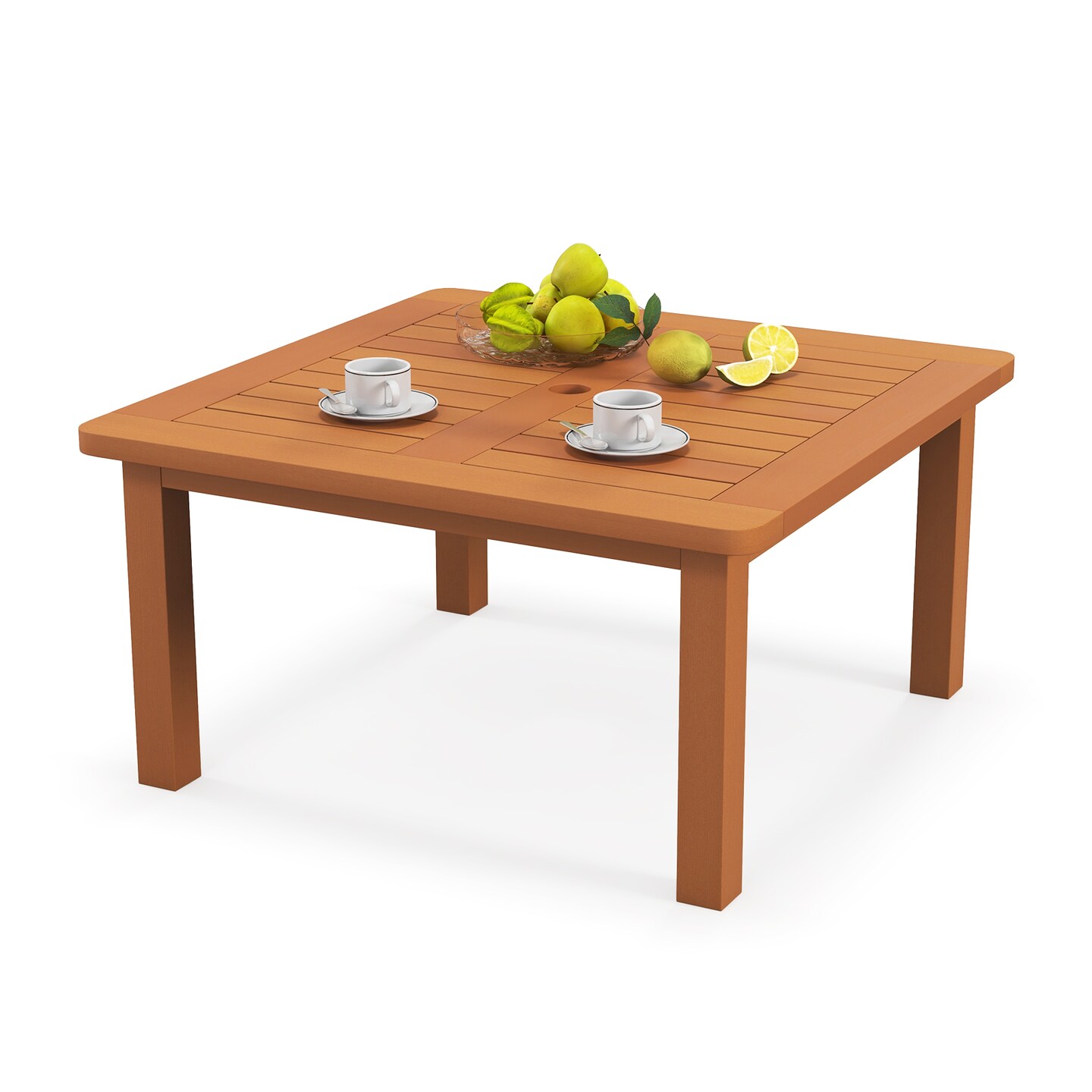Natural Wood Patio Coffee Table with Umbrella Hole and Teak Oil Finish