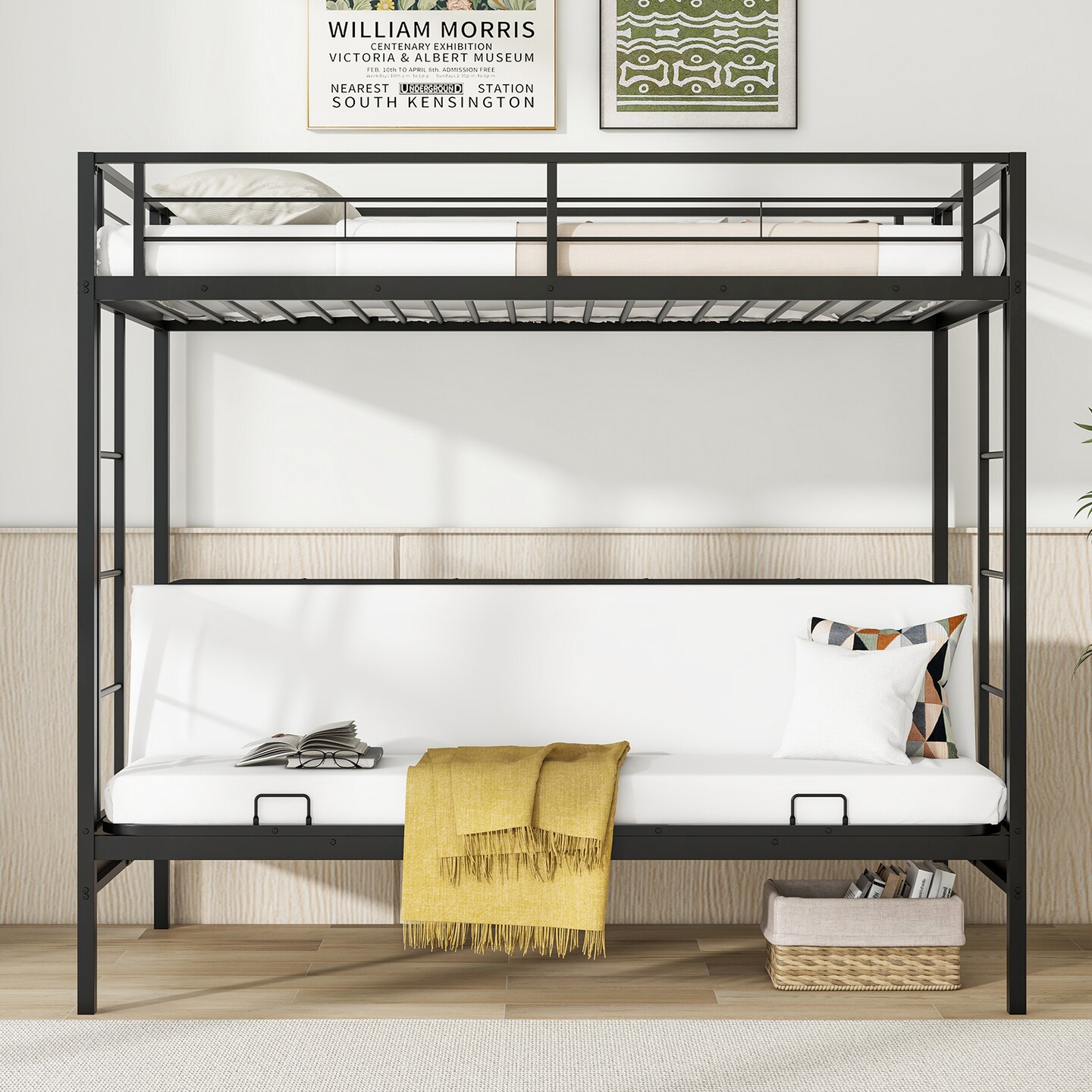 Black Metal Twin Over Futon Bunk Bed with 2 Ladders, Guardrails and Under-Bed Storage