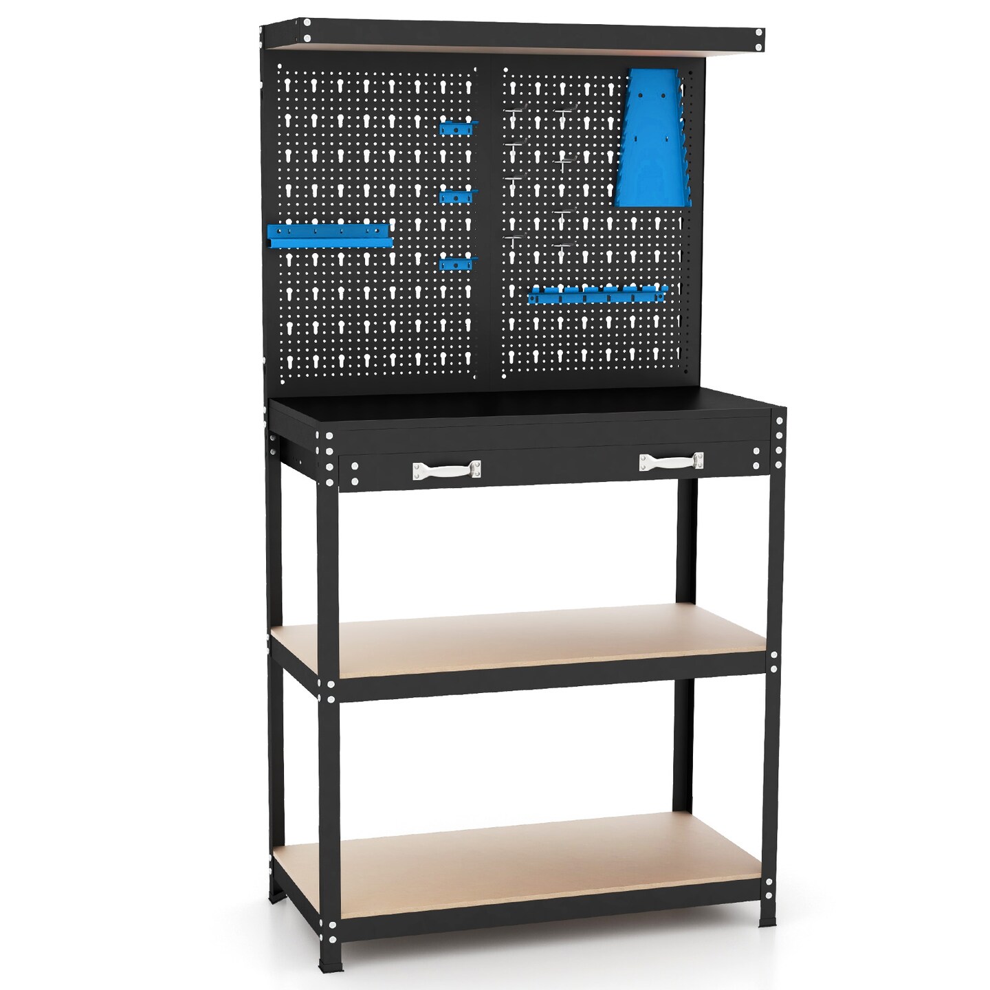 Freestanding Tool Storage Workbench with Pegboard with 14 Hanging Accessories and 2 Drawers