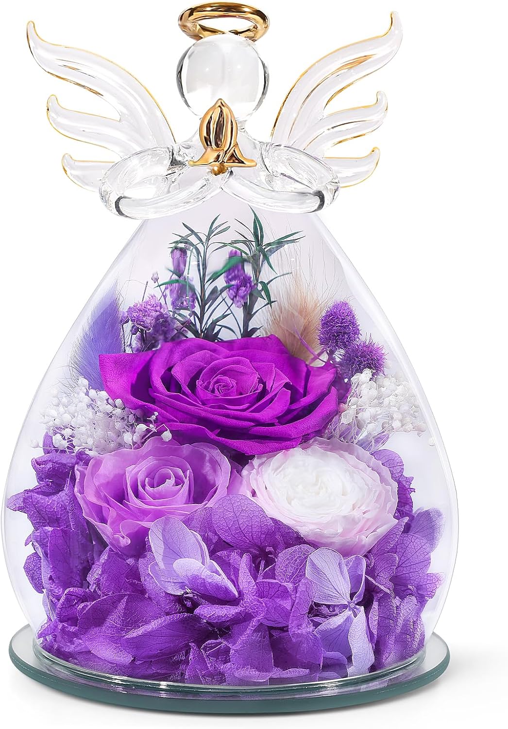 Gifts for Women Preserved Rose Forever Flower in Glass Angel Figurines Fresh Flowers for Delivery Prime Mothers Day Birthday Gifts for Mom Real Purple Roses for Grandma Sister Wife Her Daughter