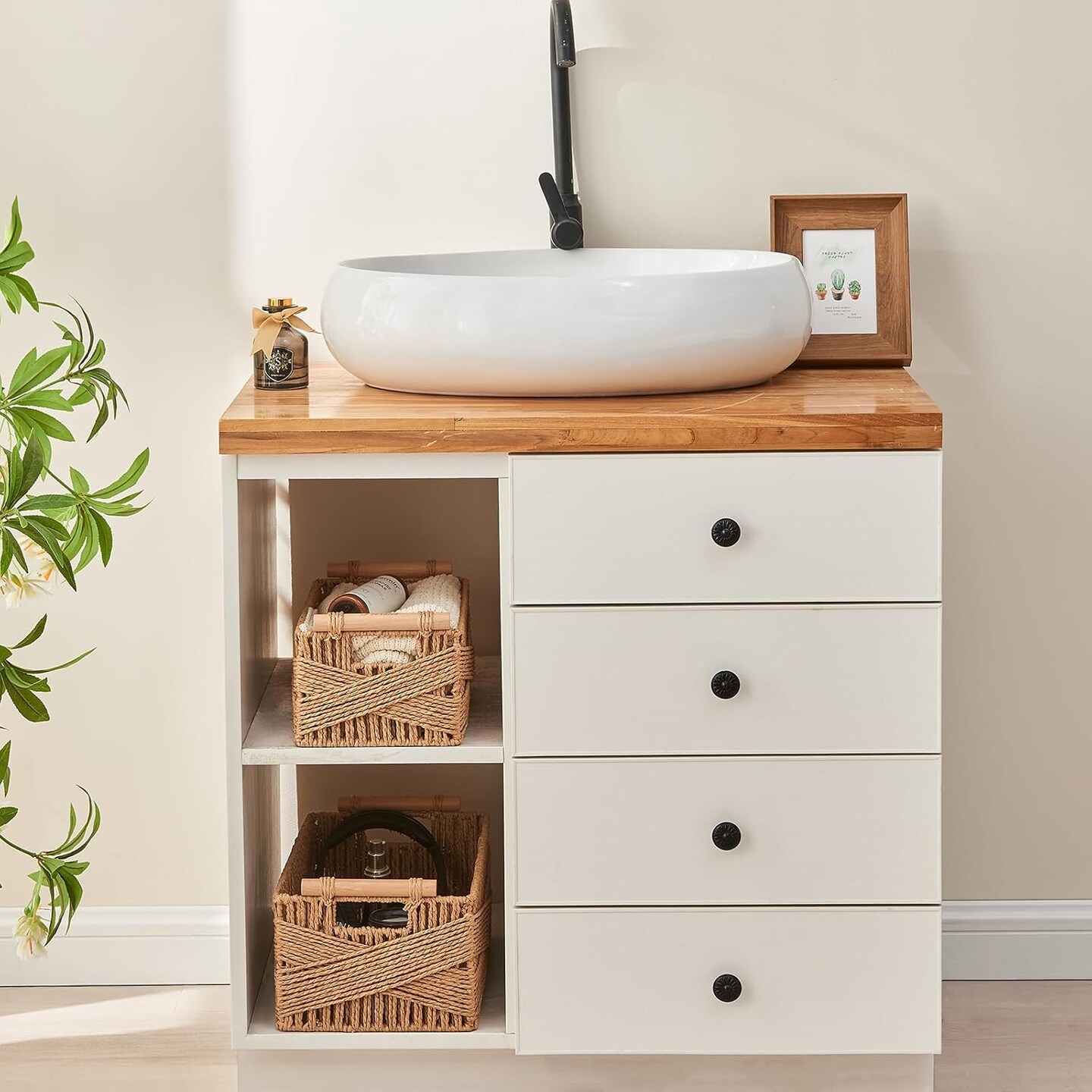 Storage Basket with Handle, Large Rectangular Wicker Basket for Organizing, Decorative Wicker Storage Basket Woven Basket Organizers for Living Room