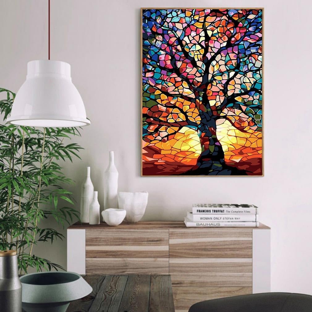 Paint by Numbers Kit for Adults Beginners - Stained Glass Tree of Life Paint by Number Canvas, DIY Acrylic Easy Tree Oil Painting for Gift Home Wall Decor 16 X 20 Inch