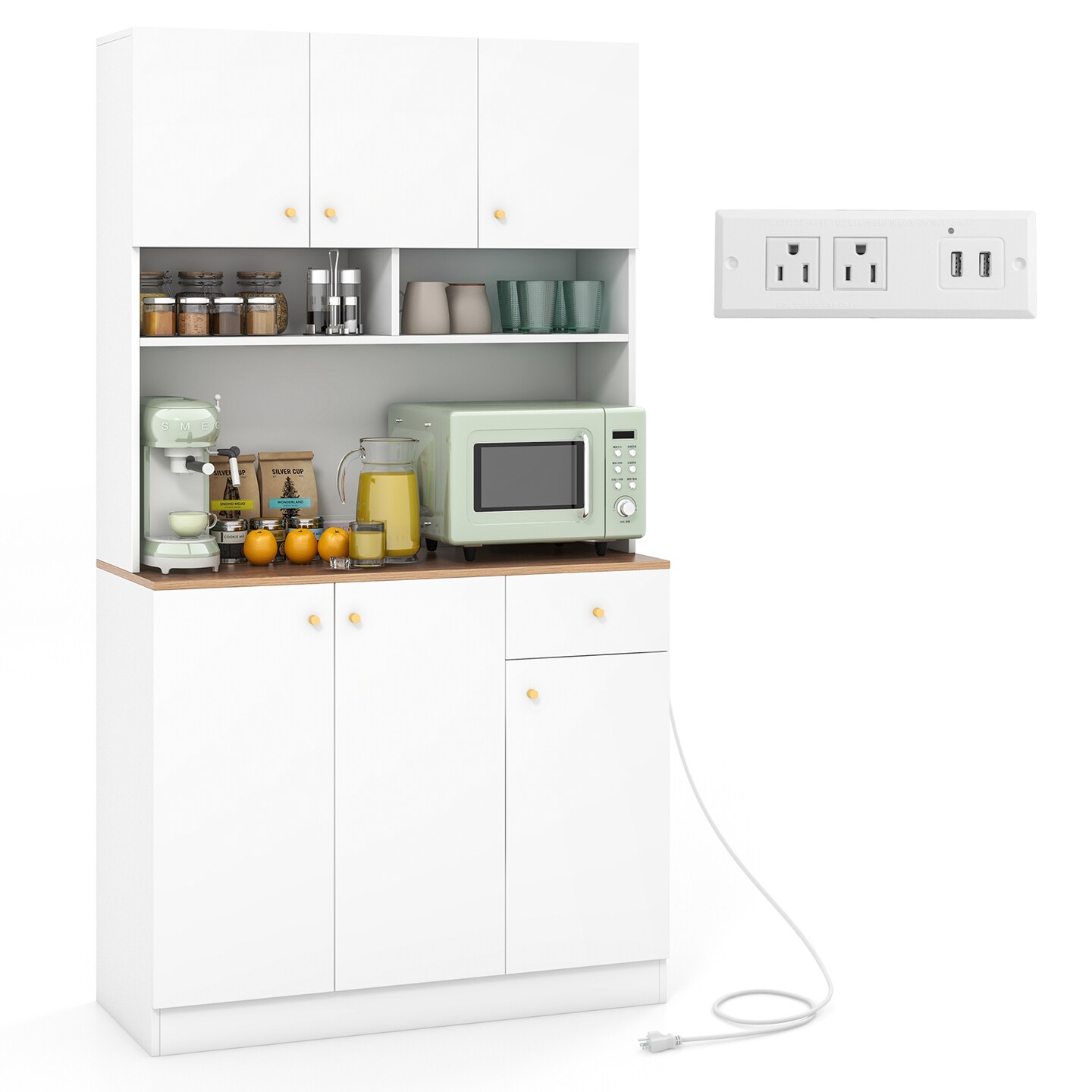 White MDF Engineered Wood Kitchen Pantry Cabinet with Power Outlets