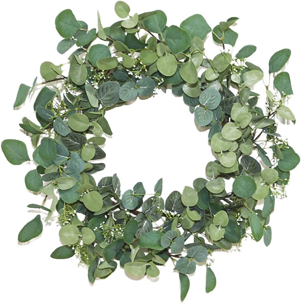 Artificial Eucalyptus Spring Wreath - 20&#x22; Fake Green Leaves Eucalyptus Wreath with Seeds for Front Door, Wall, Window, Farmhouse Decoration