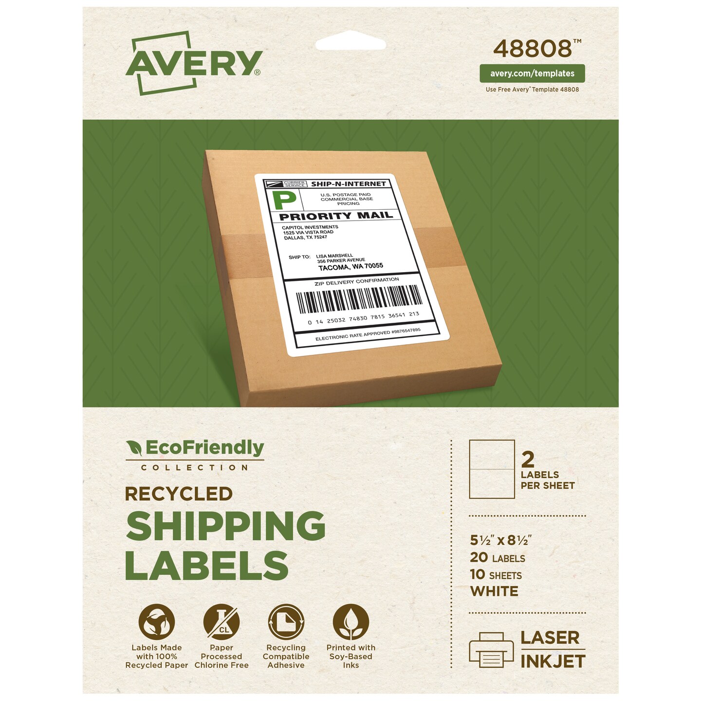 Avery EcoFriendly Recycled Shipping Labels, 5.5" x 8.5" Half-Sheet Labels, White, Permanent Adhesive, Laser & Inkjet Printers, 20 Printable Labels (48808)