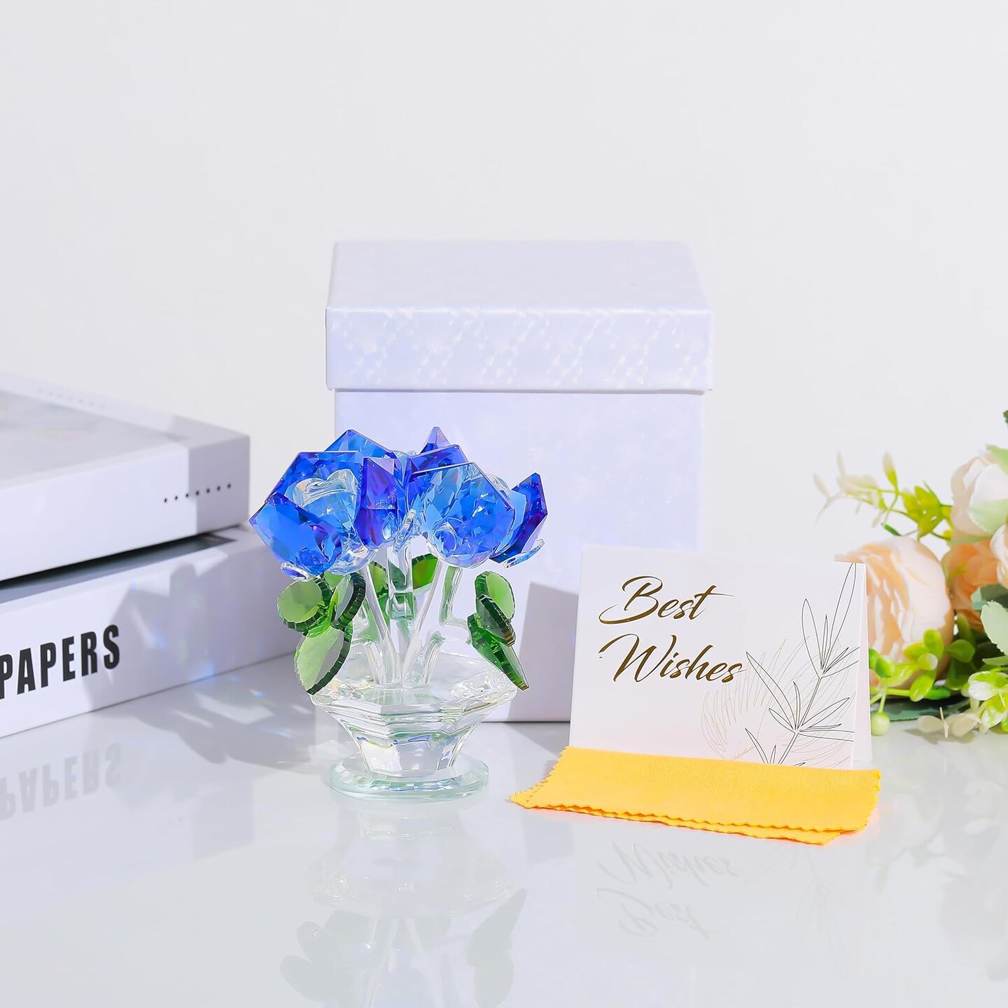 Blue Rose Flower Crystal Figurine with Vase, Handmade Bouquet Flowers Gifts for Wife Girlfriend Women Ornament , Crystal Flower Collectible Home Table Decor &#x200B;for Valentine&#x27;s Day Wedding Anniversary