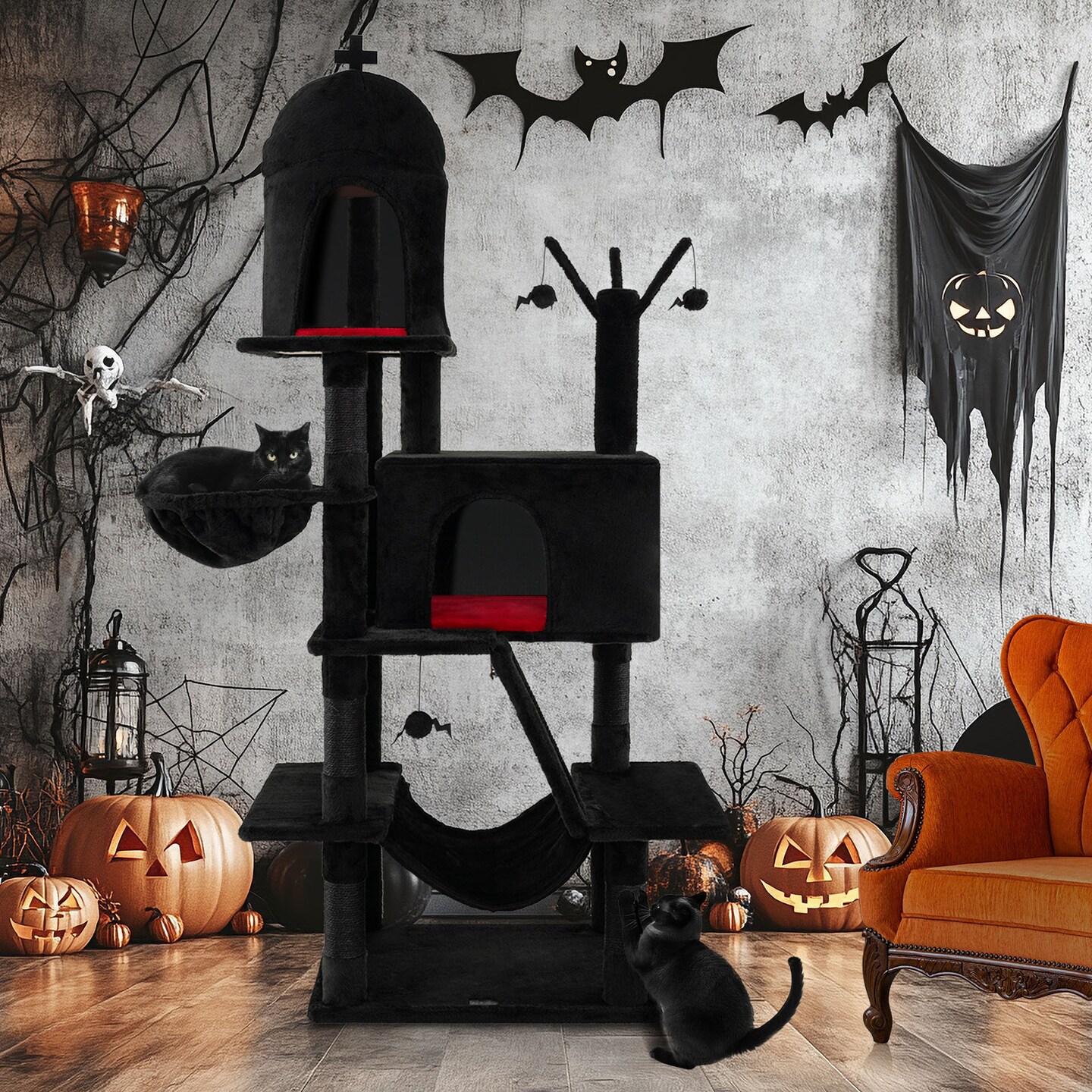 Black Gothic Cat Tree with Sisal Scratching Posts and Cozy Beds