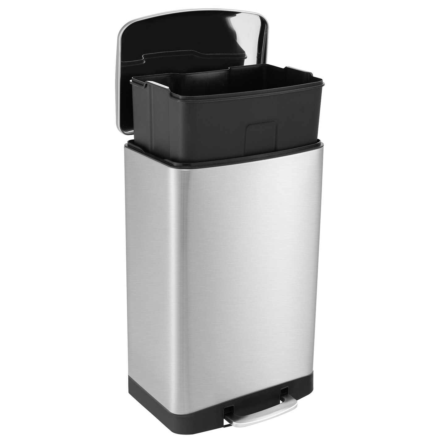 Silver Stainless Steel Soft-Close Trash Can with Pedal &#x26; Lid Lock