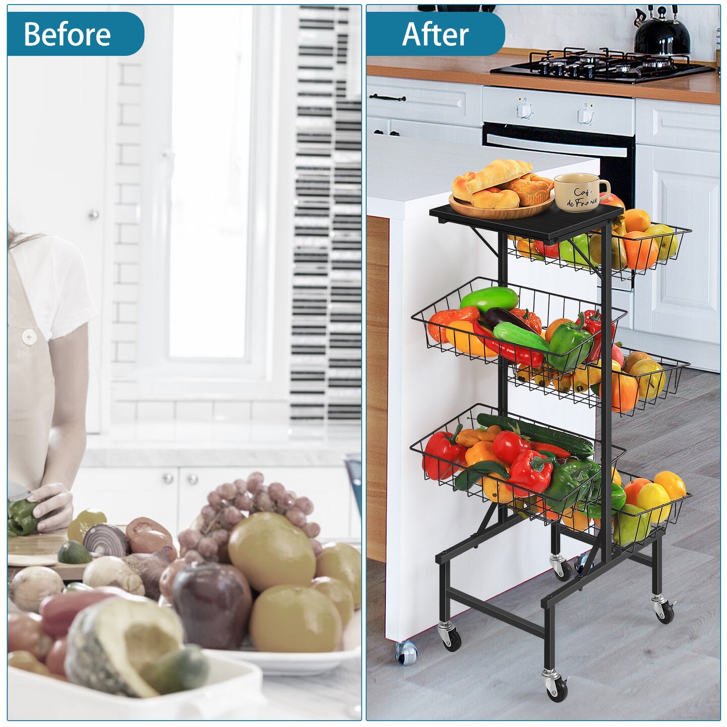 6-Tier Rolling Kitchen Cart with Wooden Top – Large Metal Fruit & Vegetable Basket Organizer, Rustproof Storage Cart with Wheels for Home, Office, Laundry Room