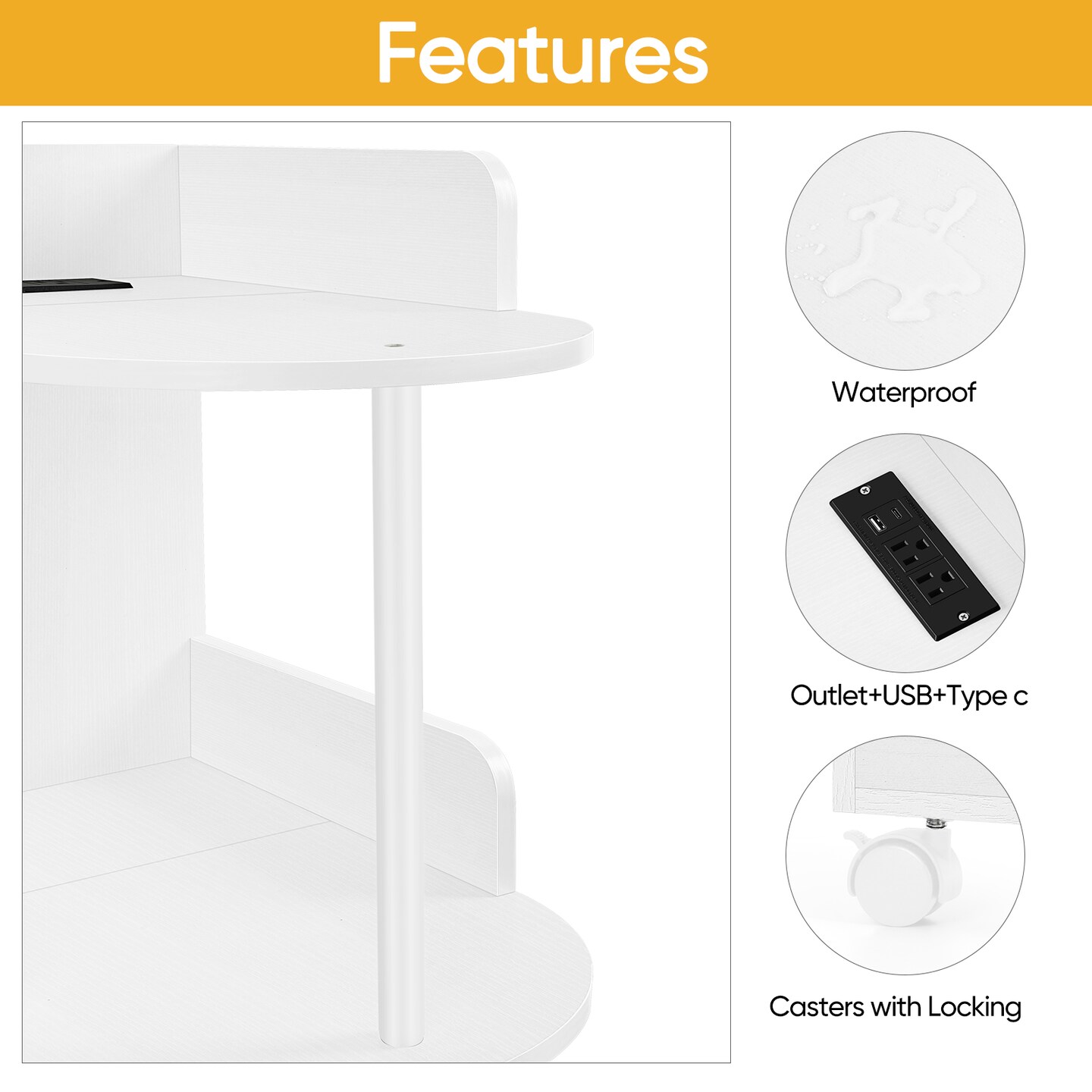 Compact 3-Tier Rolling Side Table with Built-In Charging Station - 2 USB Ports, Outlets, Edge Protection & Wheels for Bedroom, Living Room, Office, Small Spaces