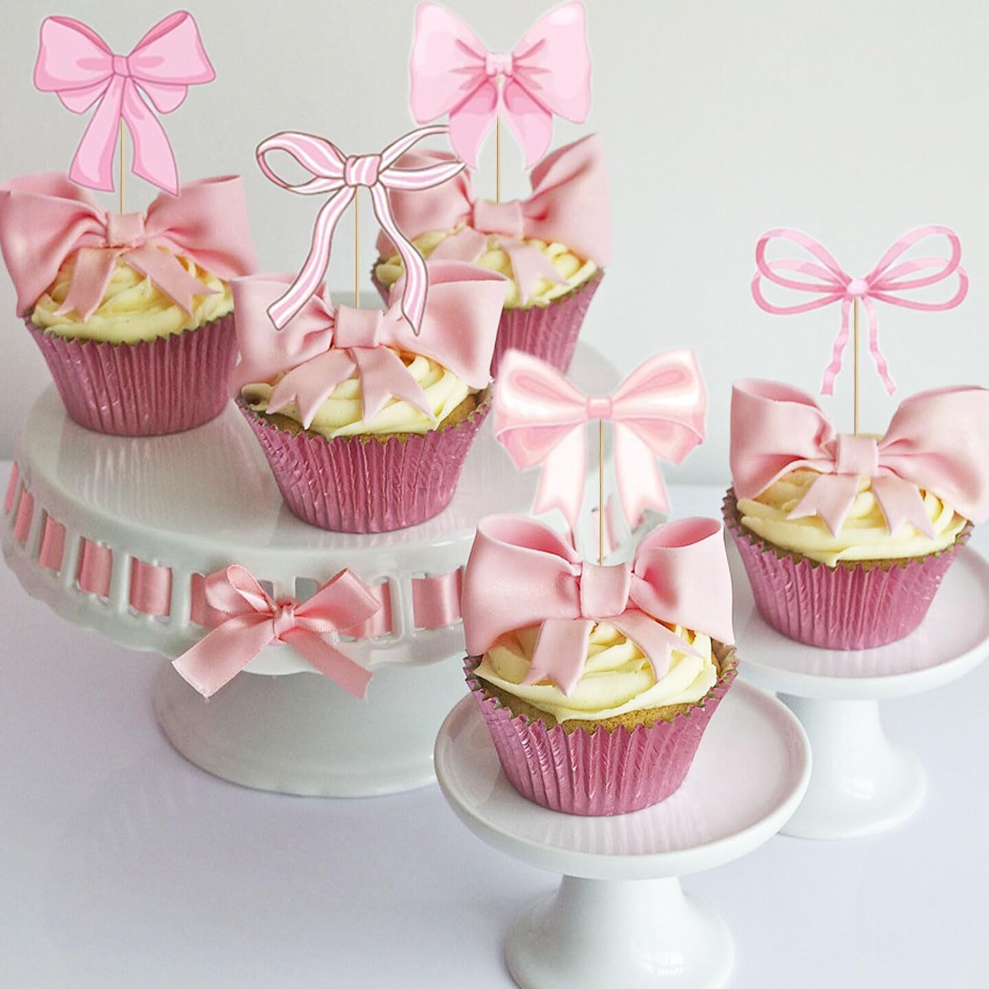 Pink Bow Cupcake Toppers, Pink Bow Coquette Birthday Cake Decorations for Birthday Baby Shower Pink Bow Theme Party Decor (36)