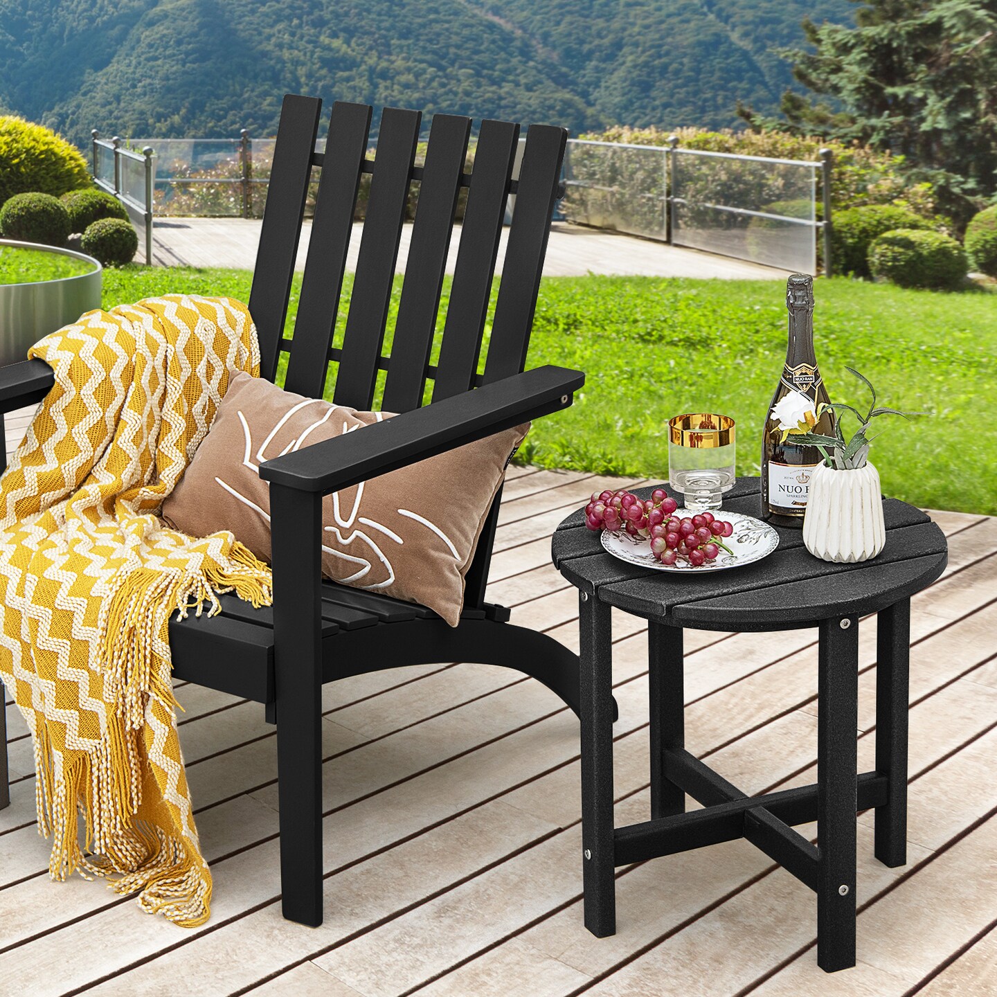 18 Inch Set of 2 Round Outdoor Adirondack Side Tables with Slatted Design and X-Shaped Structure