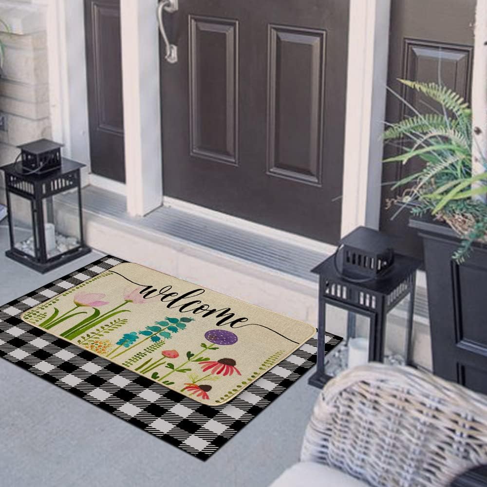 Spring Welcome Mat Flower Seasonal Outdoor Rug Low-Profile Front Door Non Slip Indoor Doormat 17 Inch x 29 Inch DM007