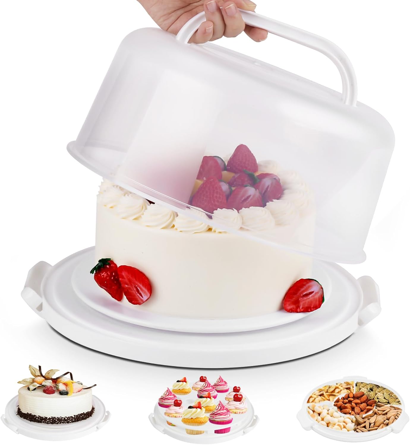 Cake Carrier with Lid and Handle, Multipurpose Cake Stand Fits 10 inch Cake, Cupcake Containers for 11 Cupcakes&#xFF0C;Cake Holder Serves as Five Section Serving Tray, Portable Cake Carriers, White