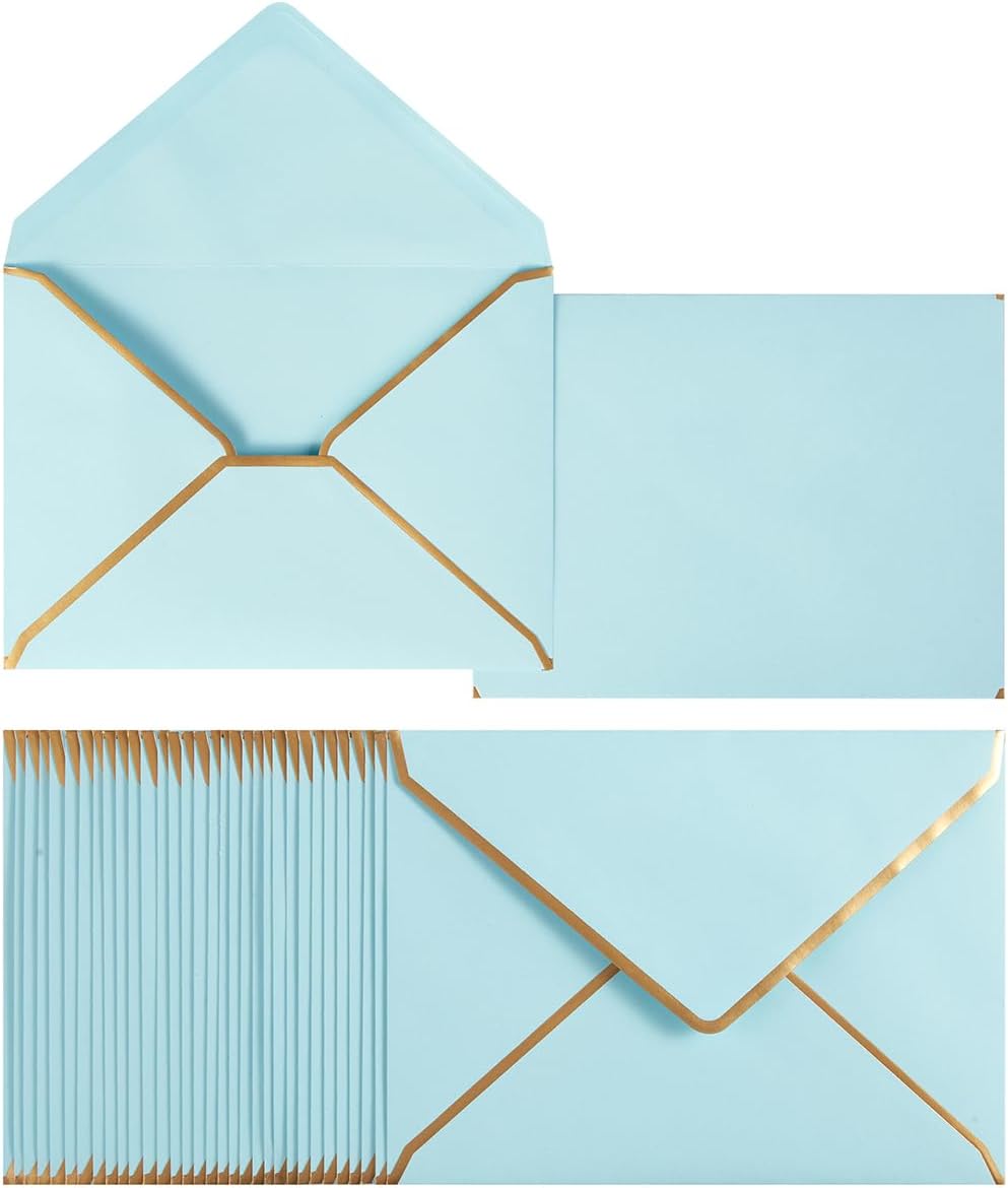 50 Pack A7 Envelopes Light Blue 5 x 7 Self-Adhesive V Flap Envelopes with Gold Border for Office, Greeting Card, Wedding, Graduation, Baby Shower, Parties, Invitations (Light Blue, 5x7)
