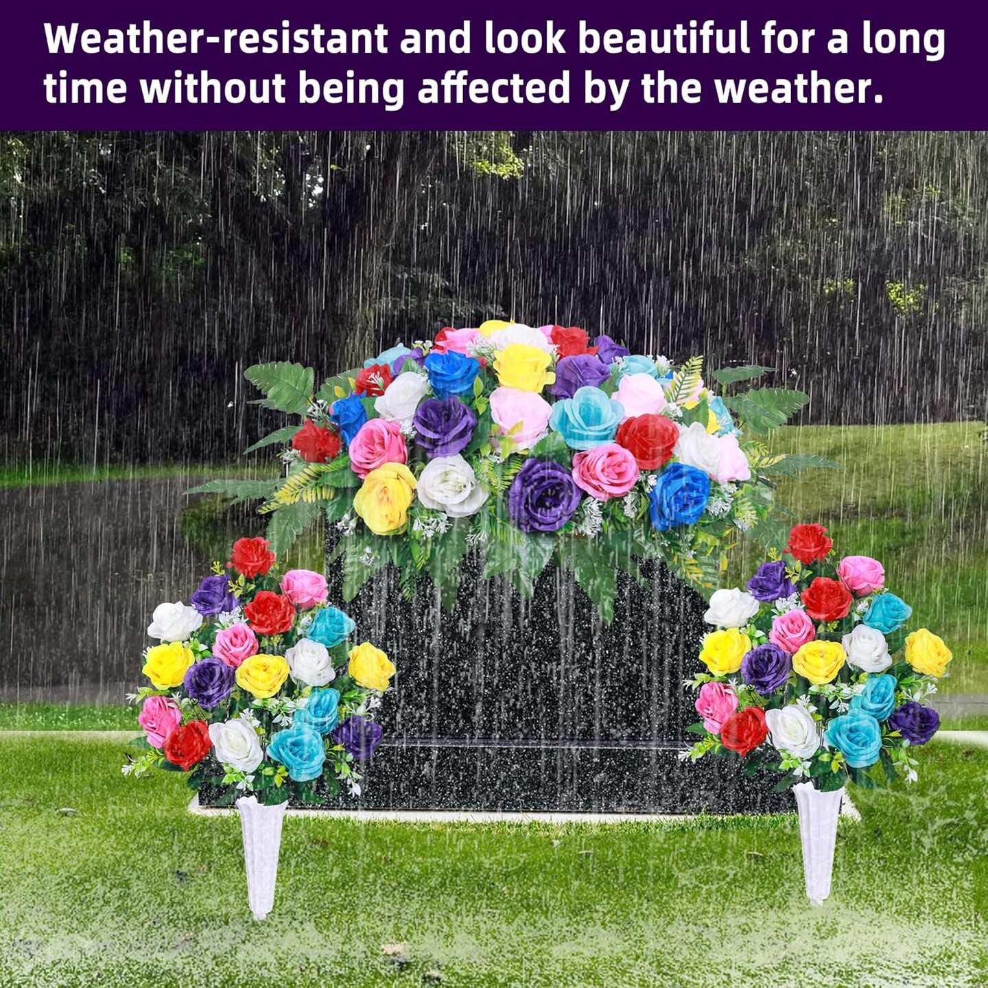 Artificial Cemetery Flower Saddles,Artificial Silk Flower Arrangement for Headstones,Cemetery Memorial Flowers with Vase for Grave Tombstone Decorations (Colour, 1 Saddle 2 Bouquets)