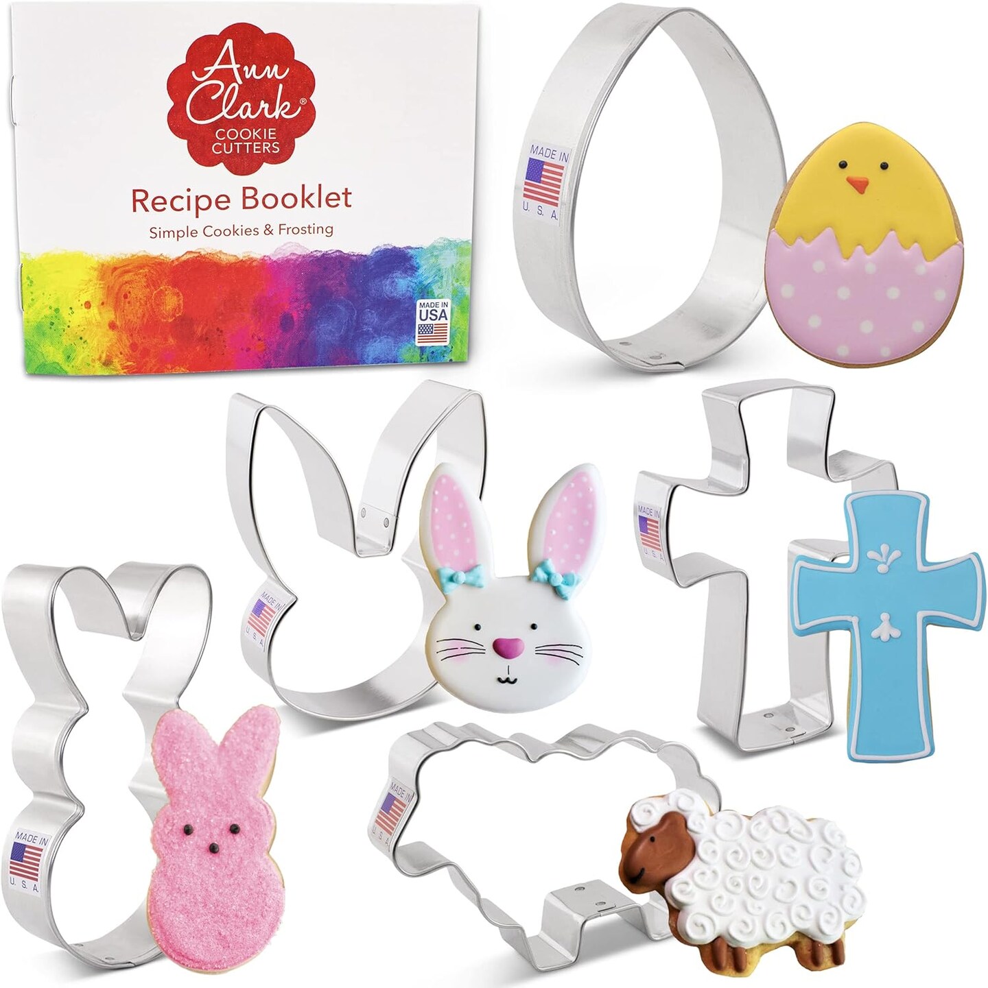 Easter Cookie Cutters 5-Pc. Set Made in USA by Ann Clark, Easter Egg, Easter Bunny, Bunny Face, Holy Cross, Lamb