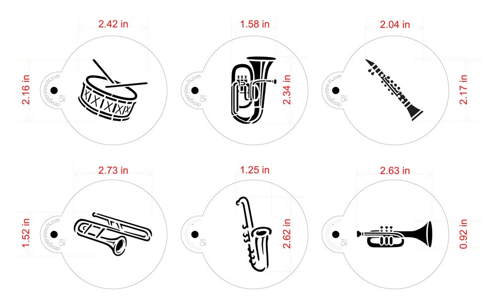 Marching Band Instruments Cookie Stencil | C953 by Designer Stencils | Cookie Decorating Tools | Baking Stencils for Royal Icing, Airbrush, Dusting Powder | Reusable Plastic Food Grade Stencil for Cookies | Easy to Use &#x26; Clean Cookie Stencil