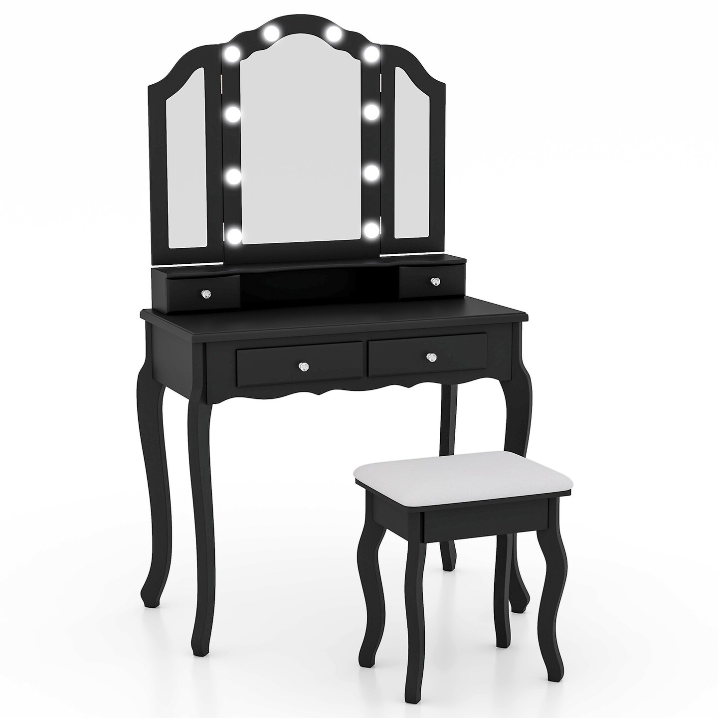 Black Vanity Set with Tri-Fold Mirror &#x26; LED Lights, 4 Drawers