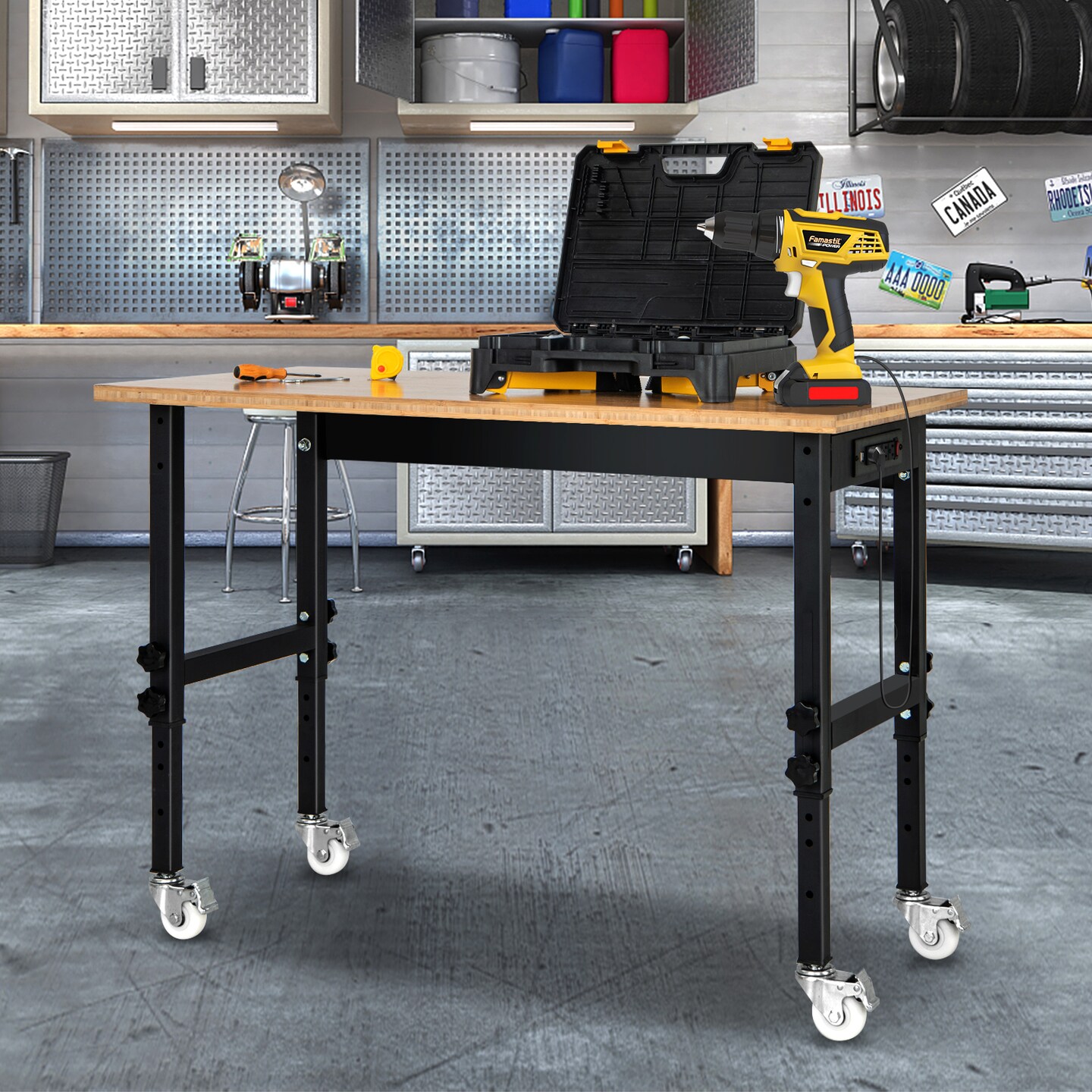 Natural Wicker Adjustable Workbench/Computer Desk/Dining Table with AC Outlets and USB Ports