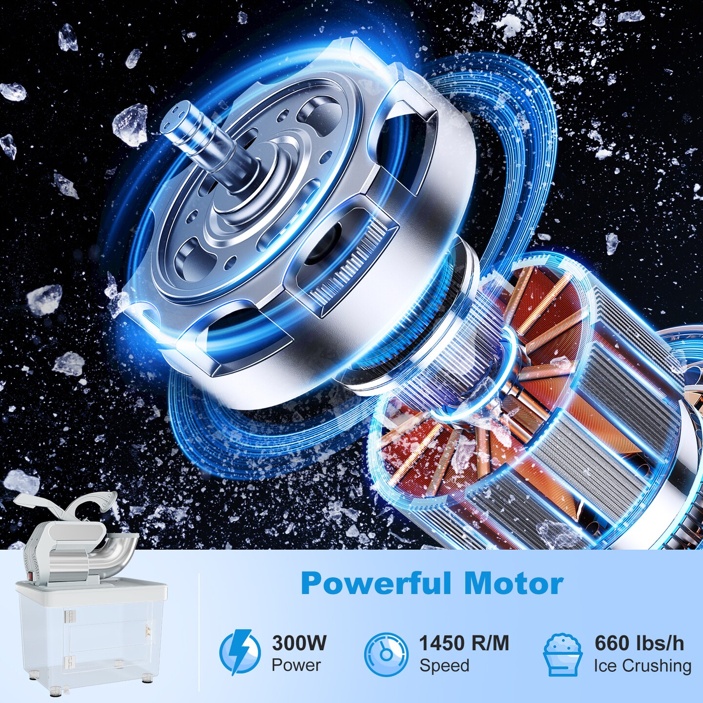 10 Gallon Storage Ice Crusher with Stainless Steel Dual Blades and Waterproof Safety Switch