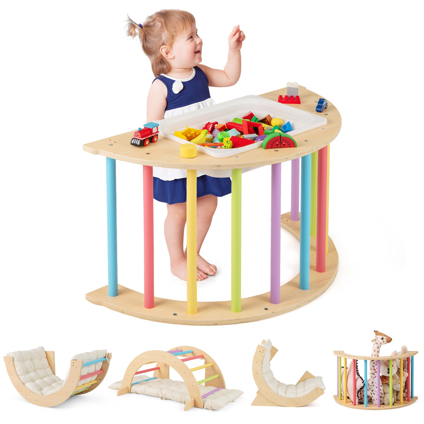 Wooden 6-in-1 Kids Climbing Arch Playset with Cushion, Storage Bin and Safety Features