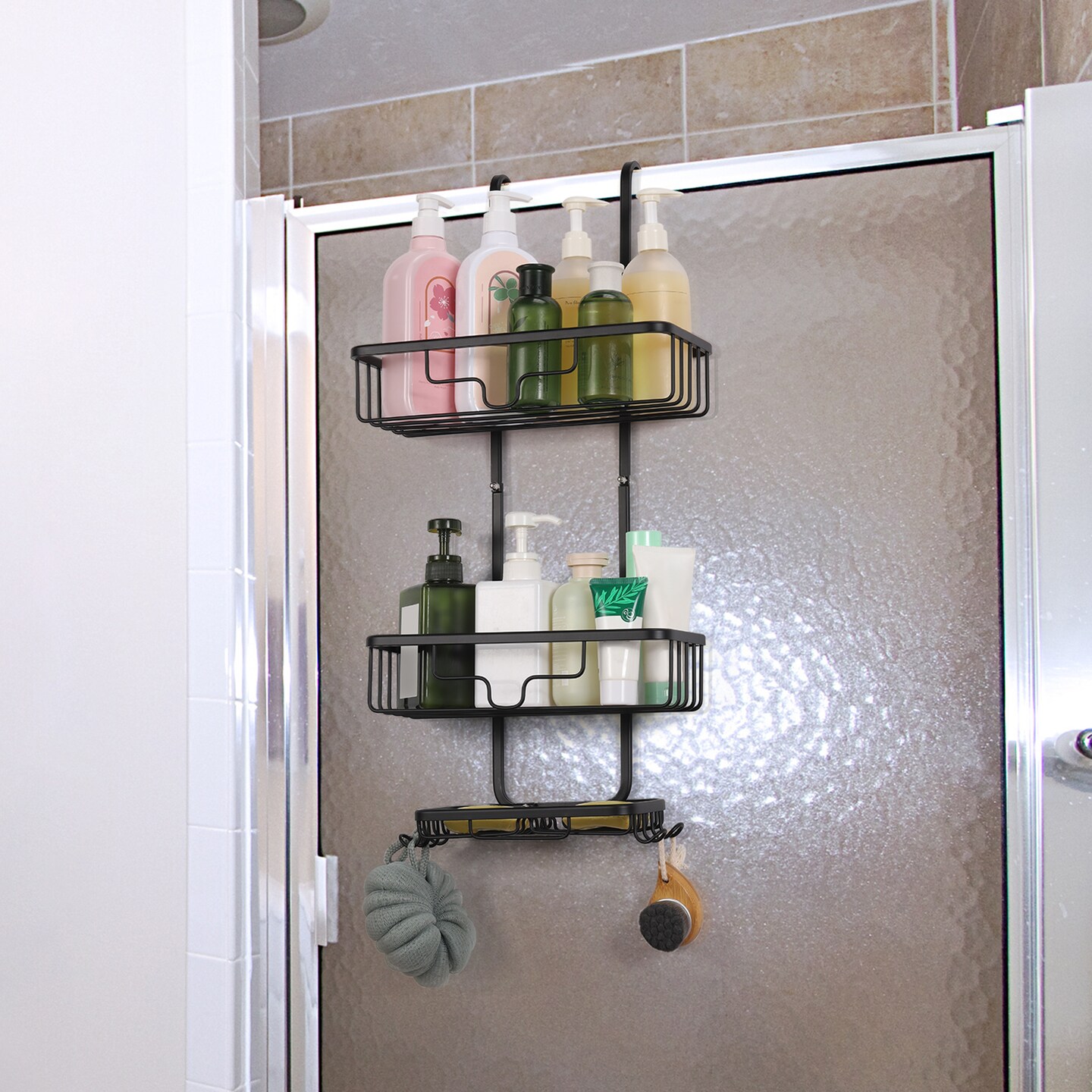 Over The Door Shower Caddy Organizer &#x2013; 3-Tier Aluminum Hanging Bathroom Storage with 2 Baskets, 4 Hooks &#x26; Soap Holder, Rustproof &#x26; No Drill Installation (Black)