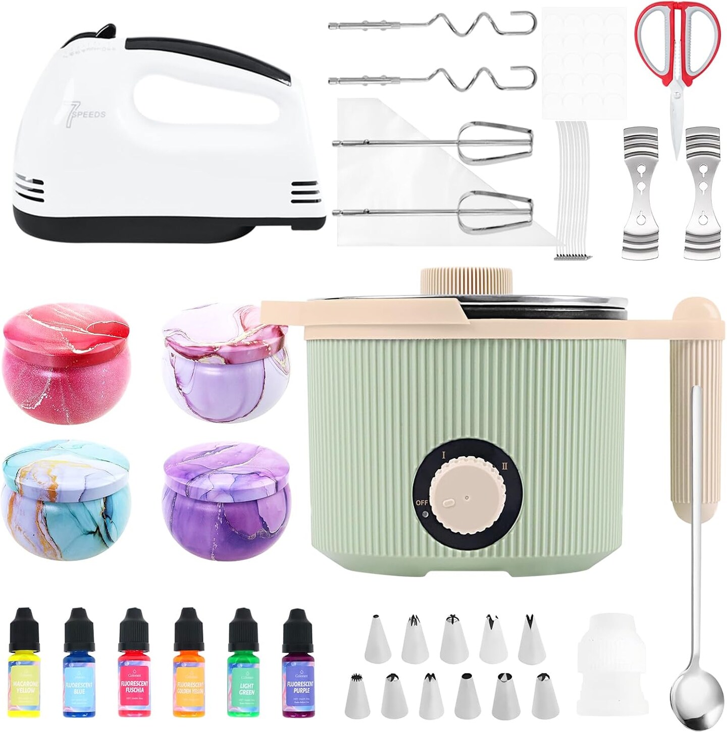 3 lb green wax melting pot designed for candle making, featuring a handheld build with dual power adjustment for better temperature control. Includes an easy pouring spout and a non stick coating, making it suitable for DIY candle projects and hobby