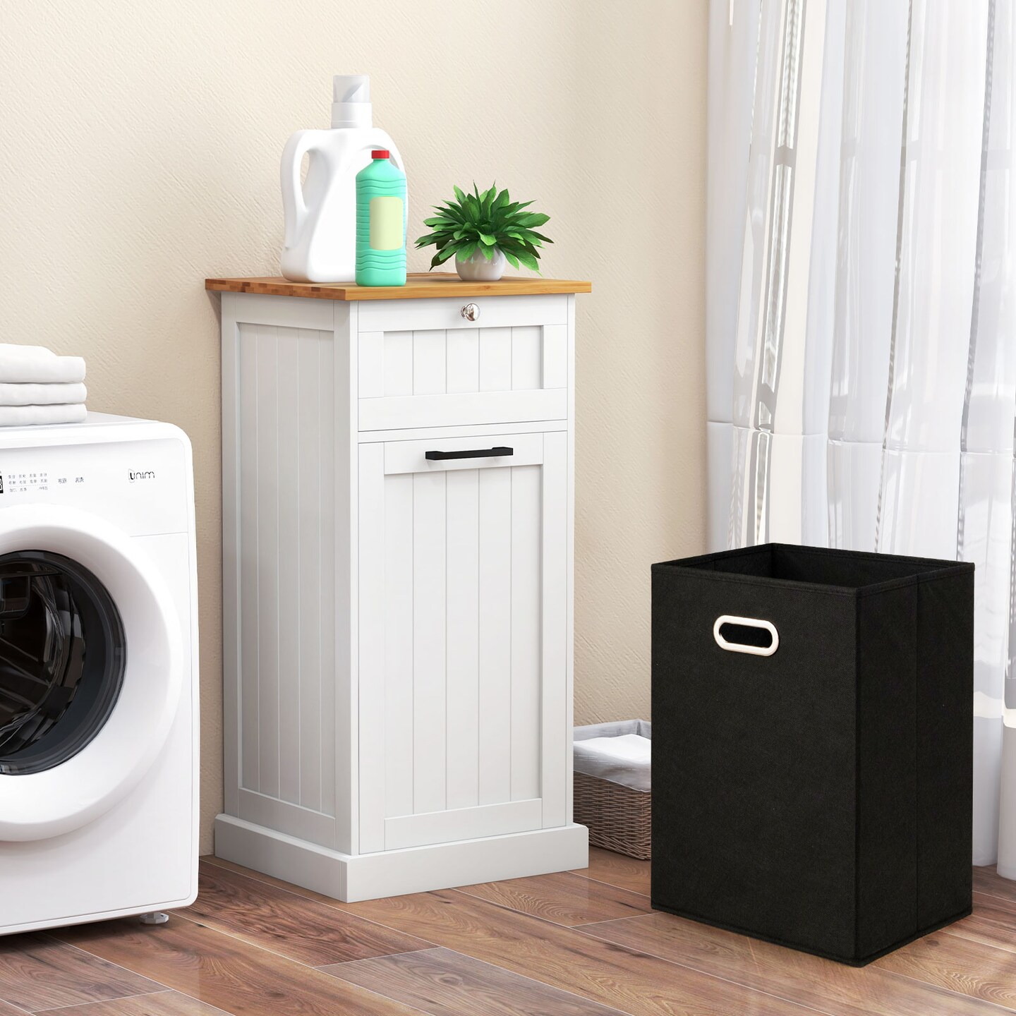 10 Gallon White MDF Laundry Hamper with Tilt-Out Cabinet Drawer and Portable Handle for Bathroom
