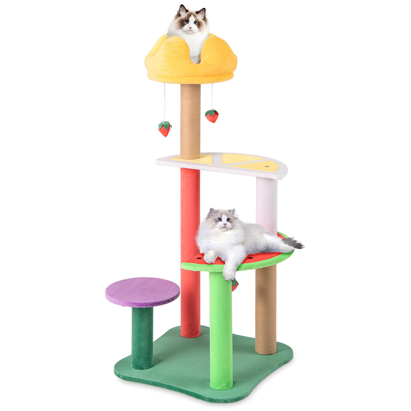 Multi-Color Plush Cat Tree with Scratching Posts and Fruit-Themed Perches