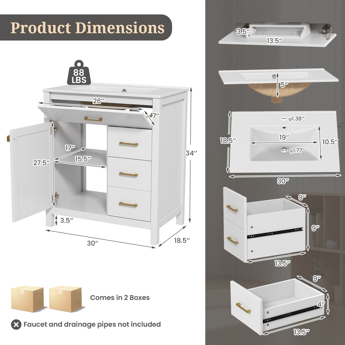 White MDF Bathroom Vanity with Ceramic Sink and Storage