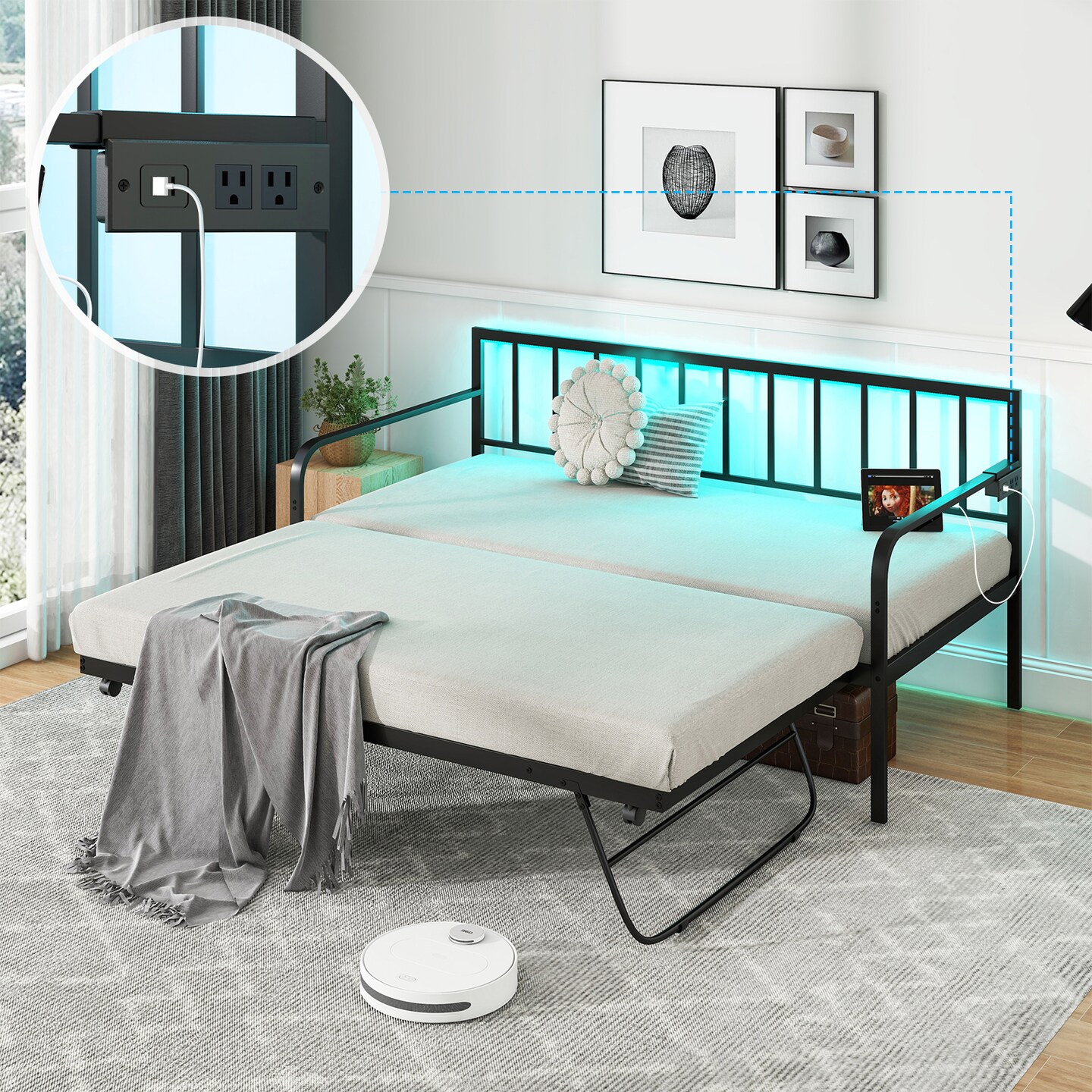 Black Metal Daybed with Pop-up Trundle, LED Lighting, Charging Station and USB Ports