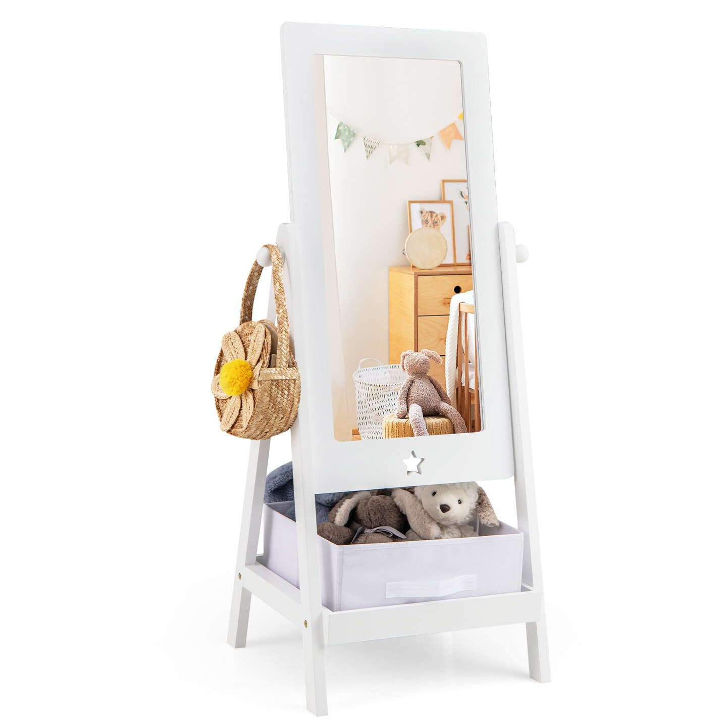 MDF Kids Full-Length Mirror with Storage Shelf, Rotating Acrylic Glass and Star Design